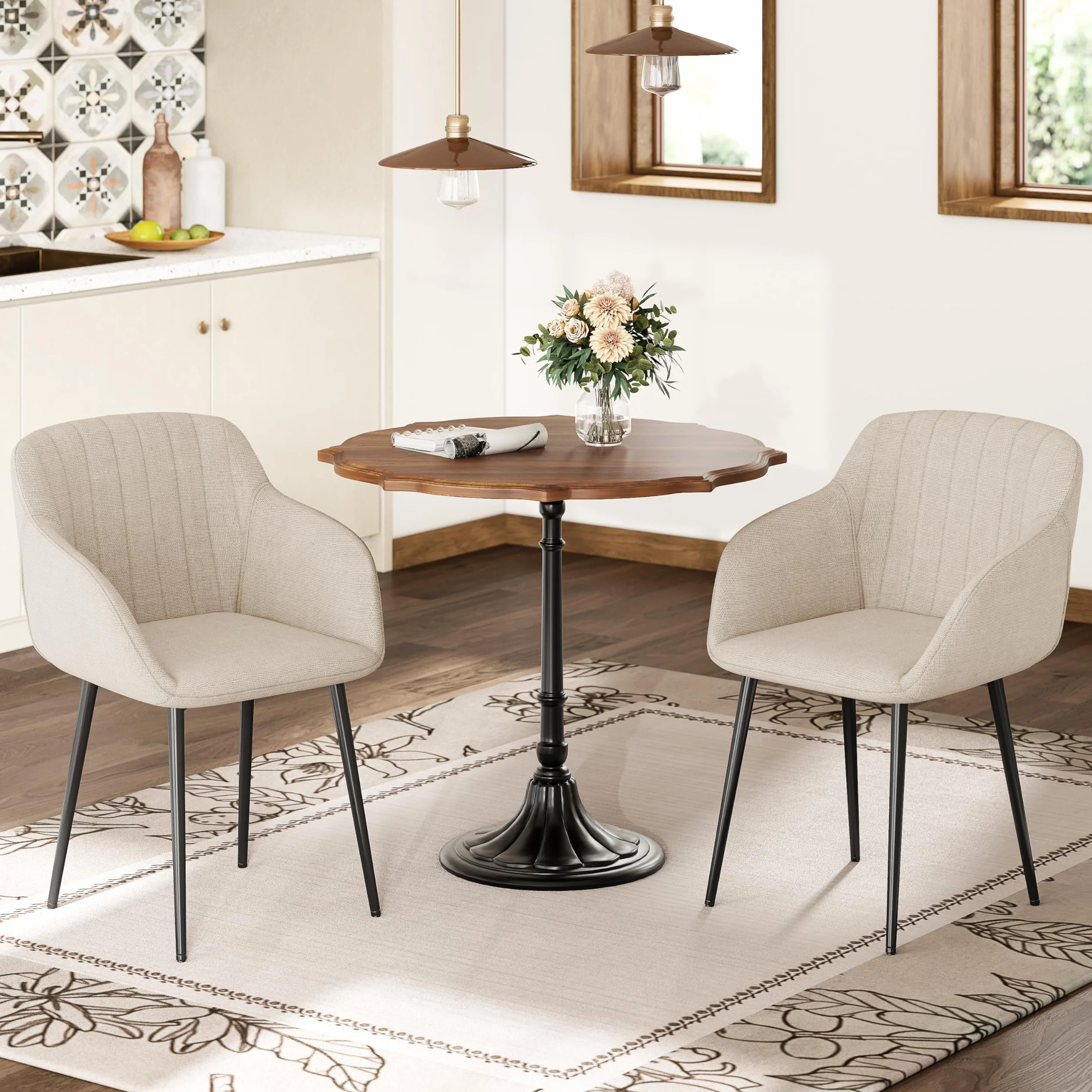 Lot de 6 Chaises Salle à Manger Beige avec Accoudoirs, Fauteuil Rembourré en Lin Pieds Métal