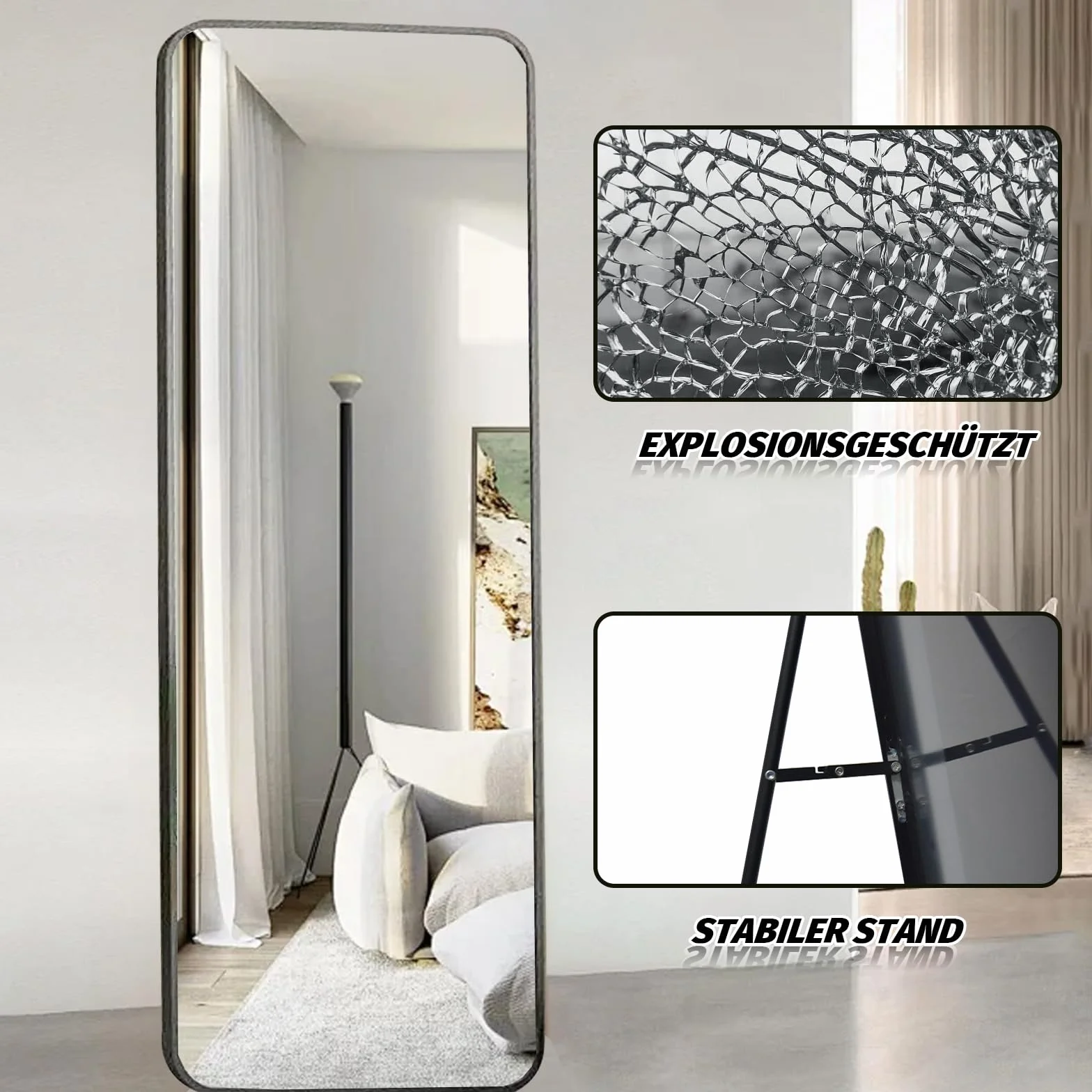 Kapler Arc Miroir sur pied 160 x 53 cm noir inclinable décoration salon