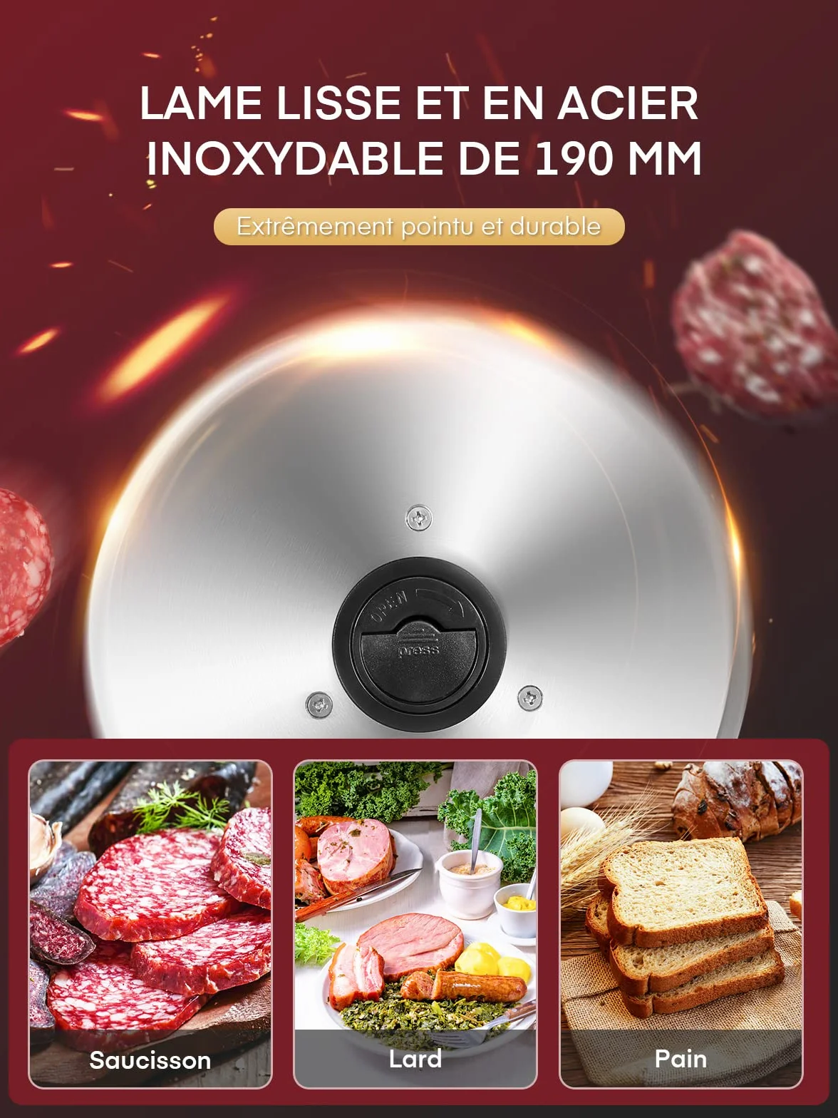 Trancheuse Electrique 200W 2 Lames 19 cm 0-15 mm d'épaisseur pour Jambon Saucisson