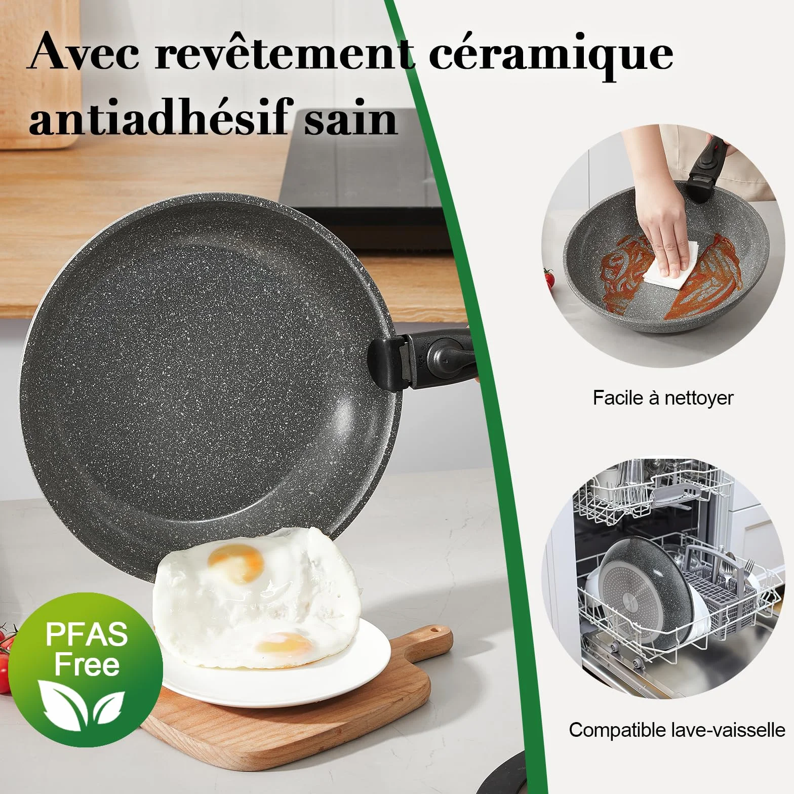 Batterie de cuisine induction 16 pièces 20cm/28cm poignées amovibles empilable antiadhésif céramique sans PFAS gris