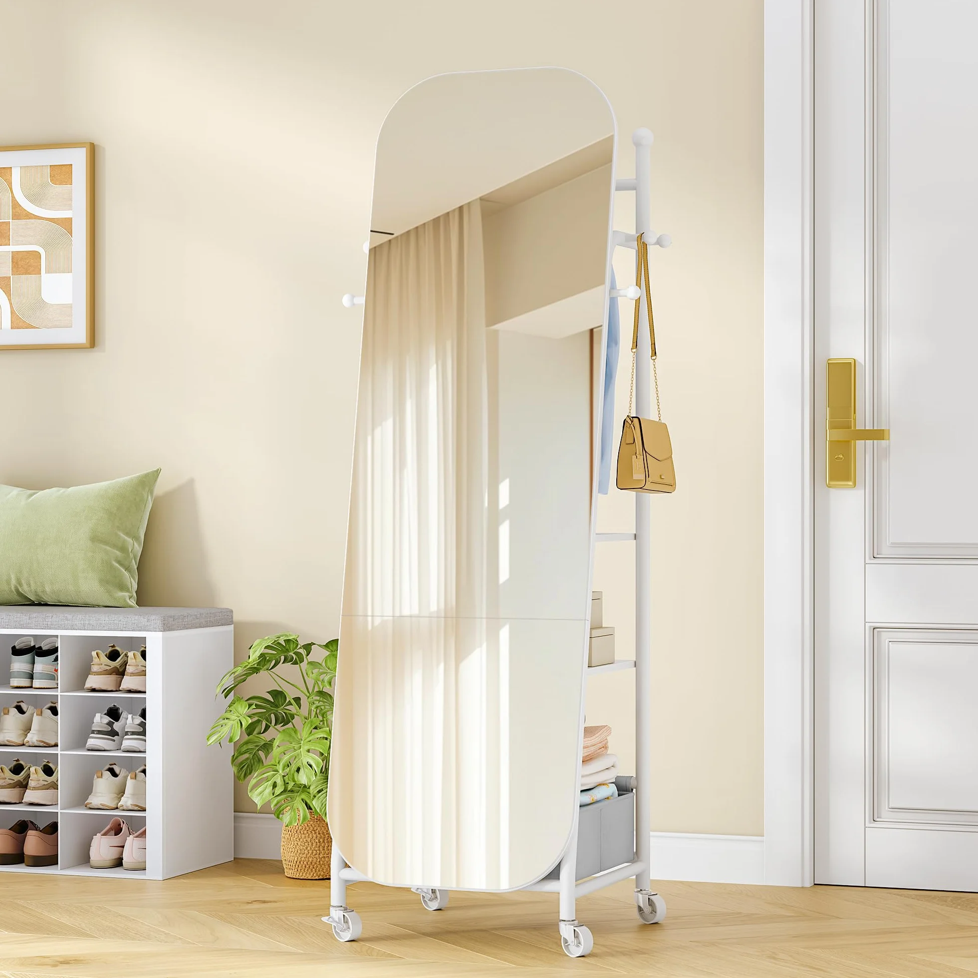 Miroir sur pied avec Porte-Manteau 50x165,8 cm Roues Pivotantes 360° Blanc