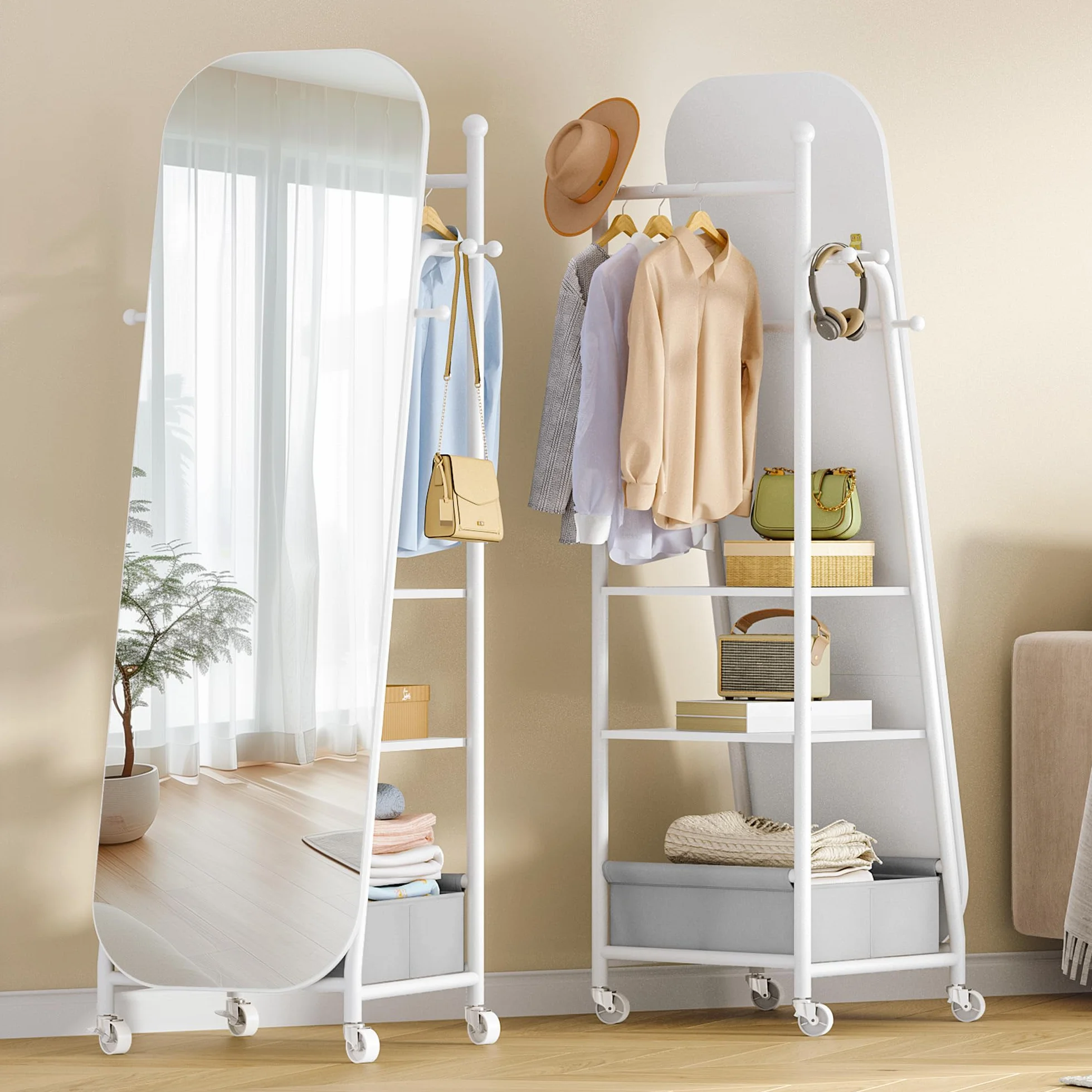 Miroir sur pied avec Porte-Manteau 50x165,8 cm Roues Pivotantes 360° Blanc