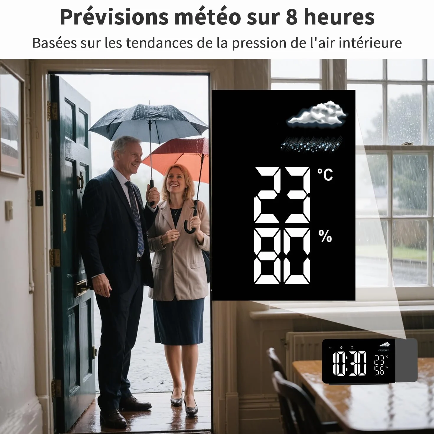 Uzoli EM3211A Réveil-projecteur Plafond LED avec Prévisions Météo 8h, Température et Humidité, 2 Alarmes, Snooze, Projection Rotative 180°, 10 Sonneries