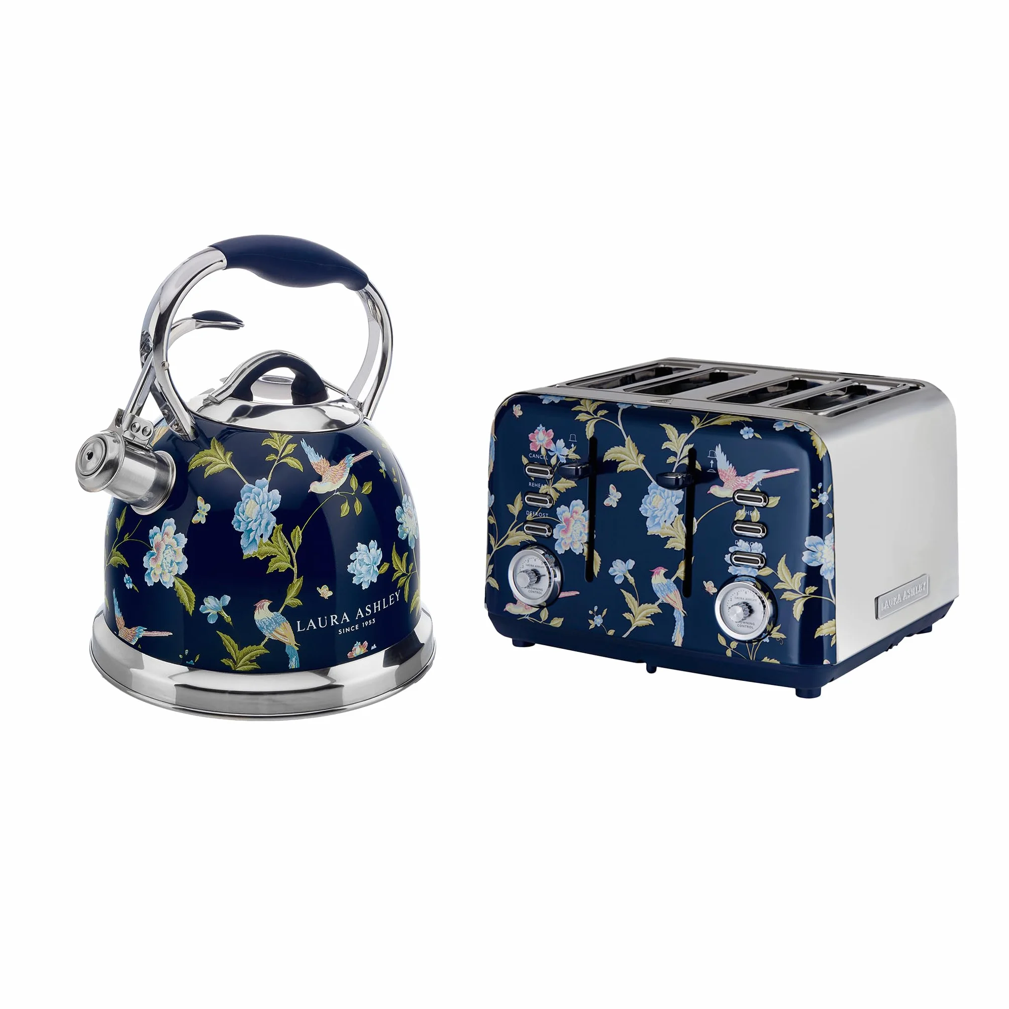 Laura Ashley VQ Bouilloire Sifflante Inox 2,5 L Grille-Pain 4 Tranches Décongélation Réchauffage Elveden Bleu
