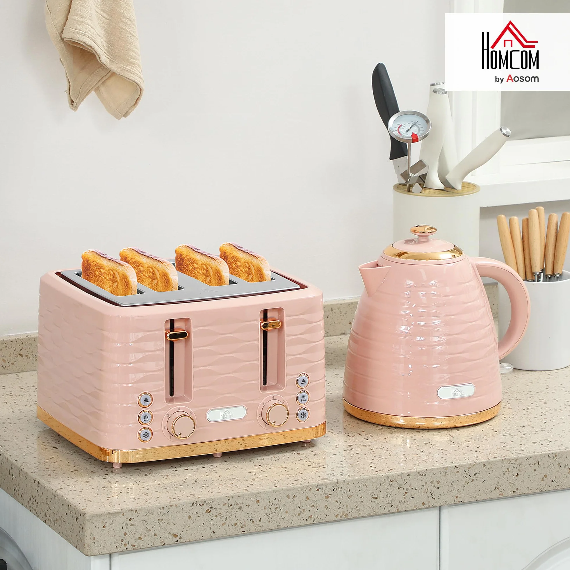 HOMCOM Set petit-déjeuner bouilloire 1,7 L grille-pain 4 tranches 2200 W 7 niveaux grillage thermostat Otter rose