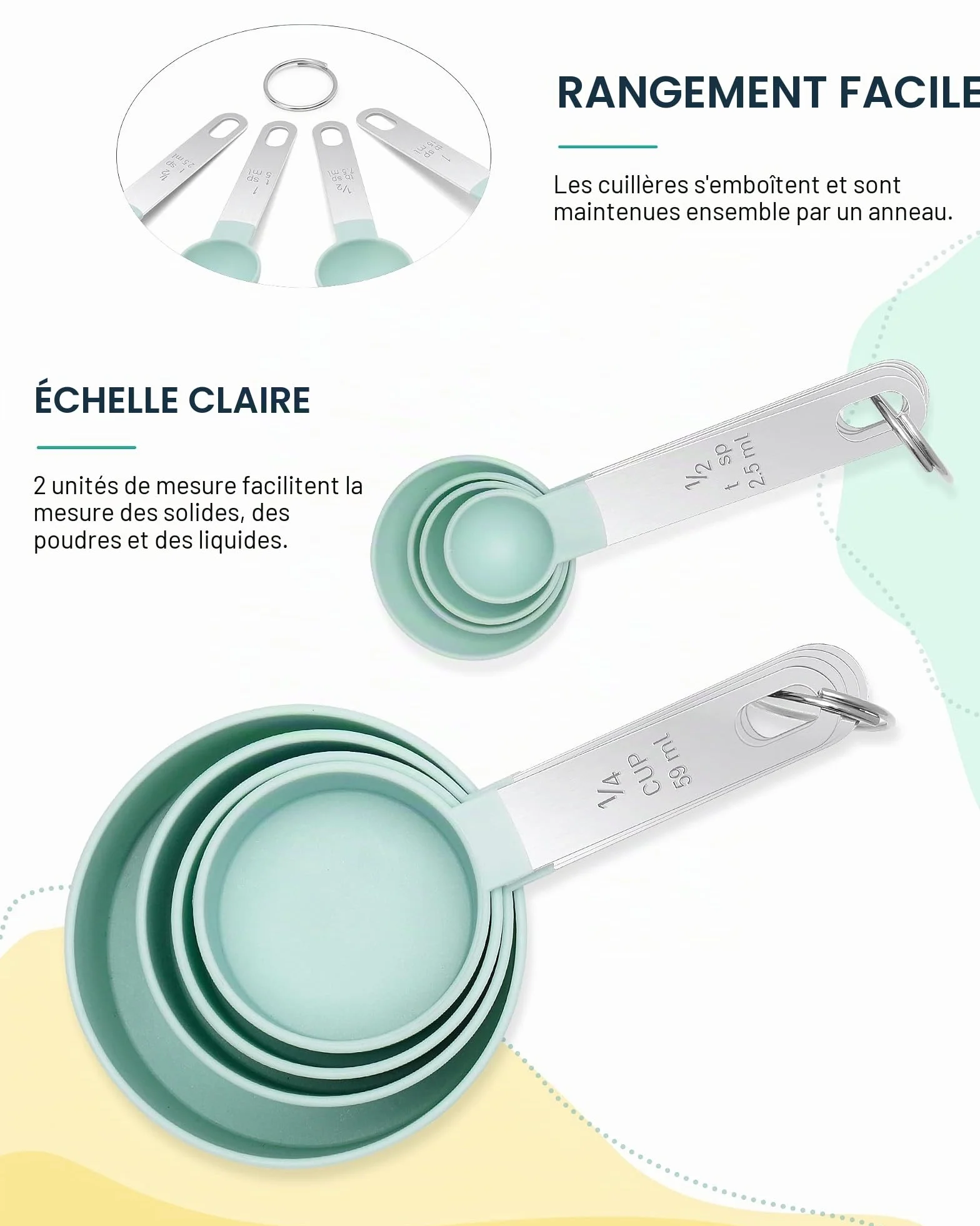 Lot de 8 tasses et cuillères à mesurer en acier inoxydable outil de mesure pour liquides et solides ustensiles de cuisine