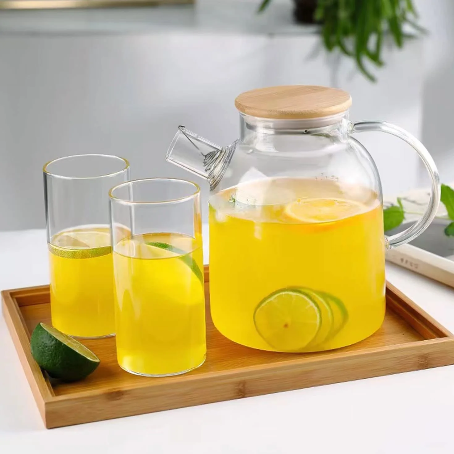 Théière en verre borosilicate 1,6 L avec filtre métal et couvercle bambou