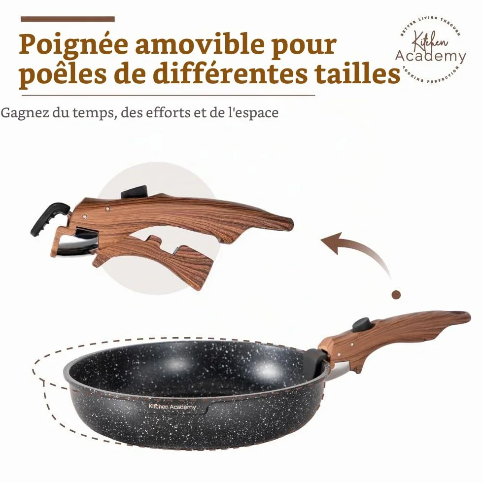 Kitchen Academy Lot de 10 Casseroles et Poêles avec Poignée Amovible, Couvercles en Verre, Revêtement Anti-adhésif Compatible Induction Noir