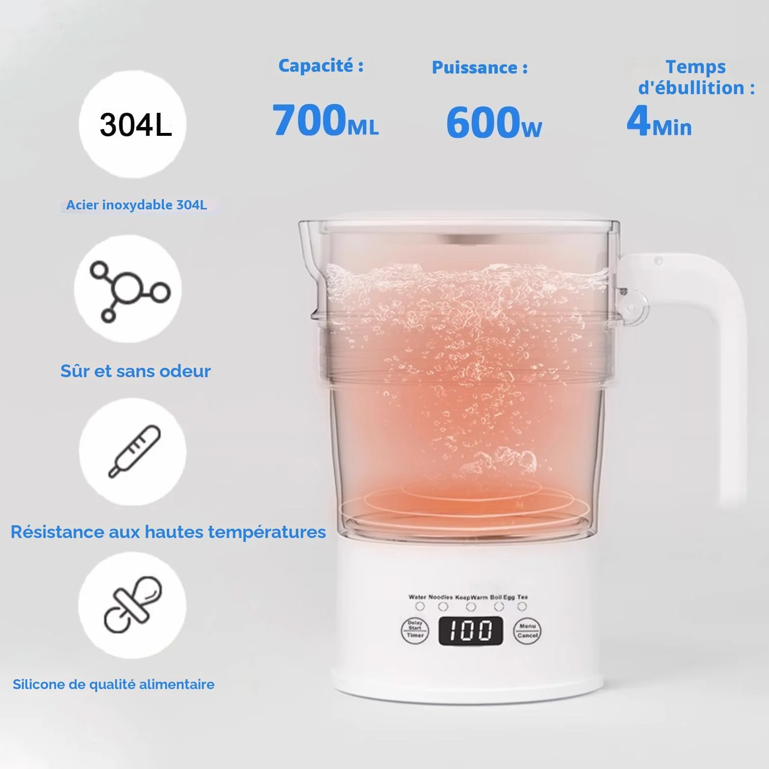 Bouilloire électrique pliable 0,7L acier inoxydable 316 1000W blanc sans BPA