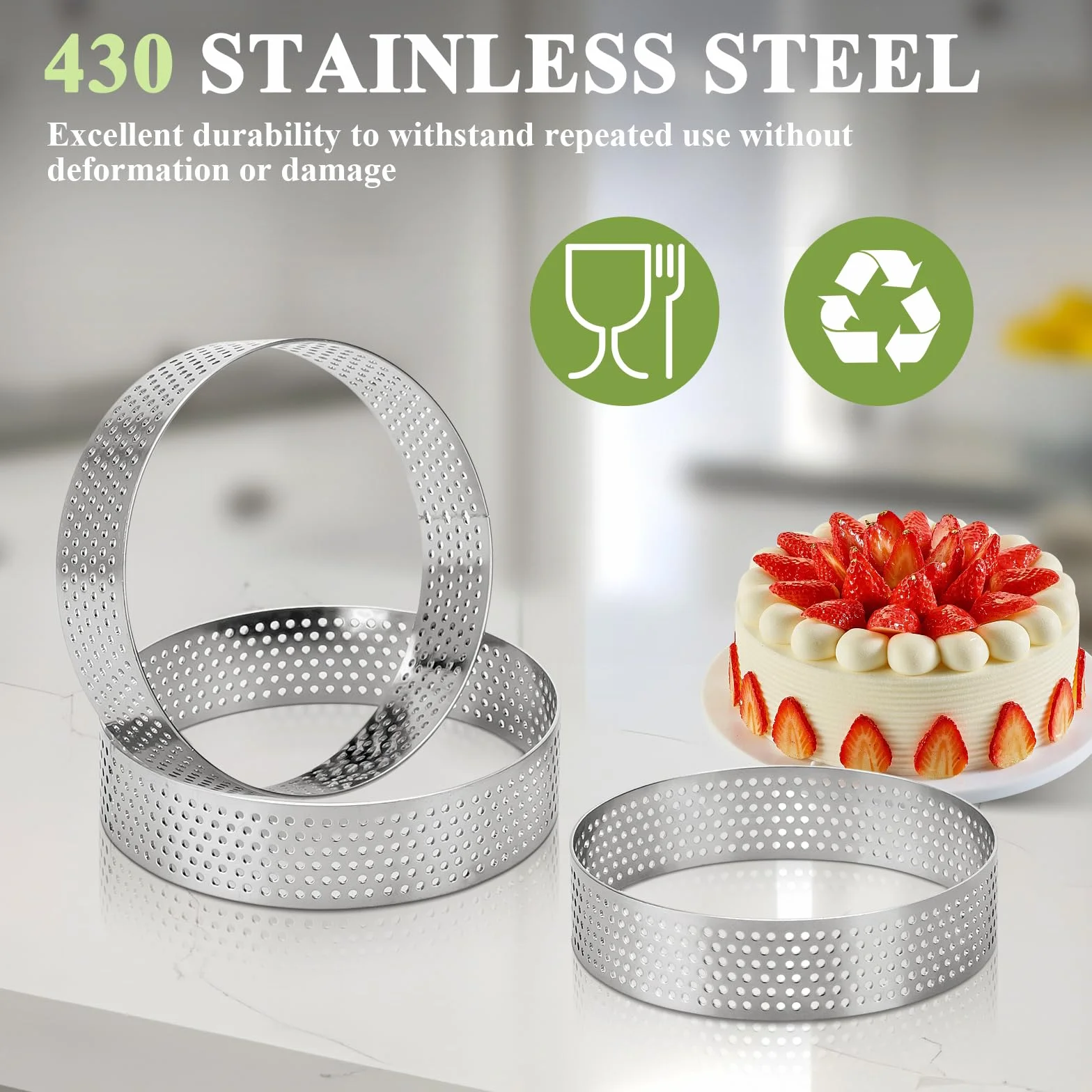 Cercle à Pâtisserie Ø 8 cm 6 Pièces, Acier Inoxydable 430 Perforé, Moule à Tartes Gâteaux Pizzas