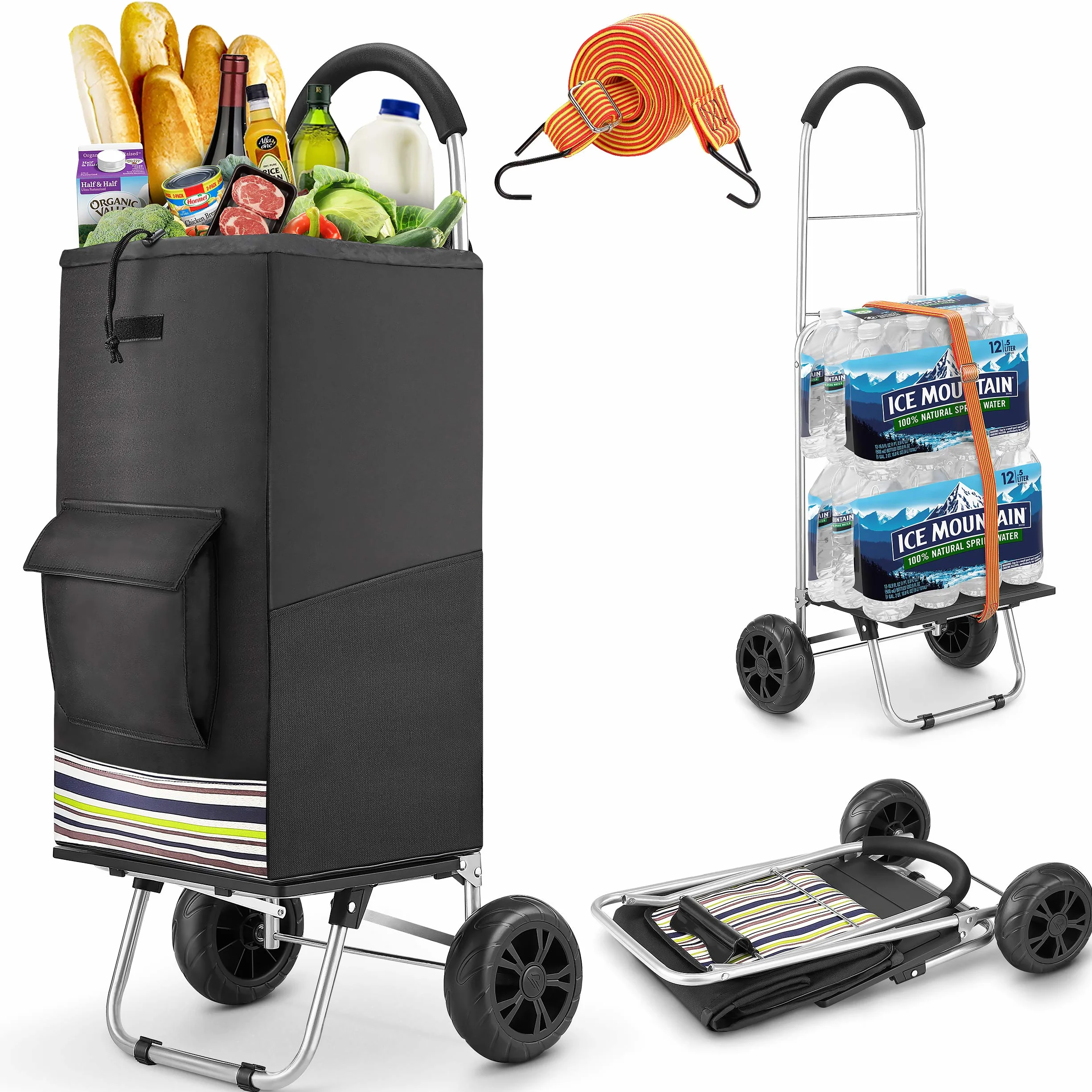 Chariot de Courses 75L Pliable 2 en 1 Diable Caddie à 2 Roues Shopping Trolley Noir