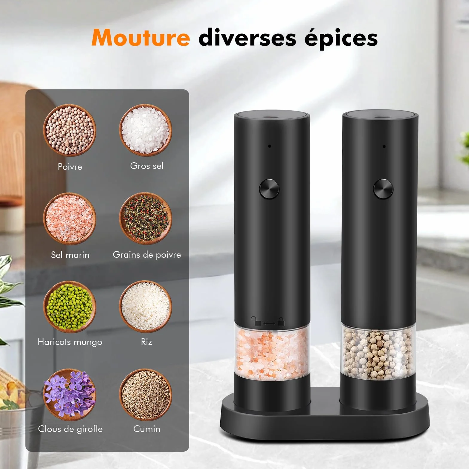 Moulin à Poivre Électrique Rechargeable USB Lot de 2 avec Base Réglable