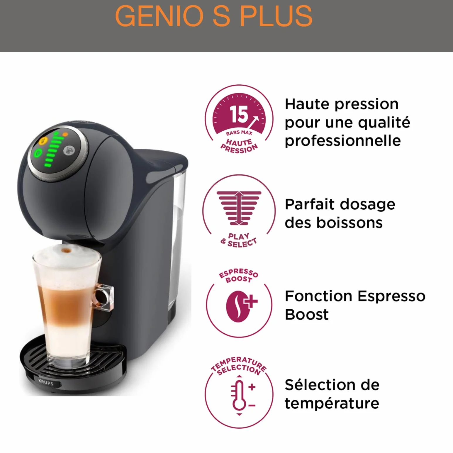 Nescafé Dolce Gusto Krups Genio S Plus Machine à café capsules 15 bars 0,8 L gris KP340B10