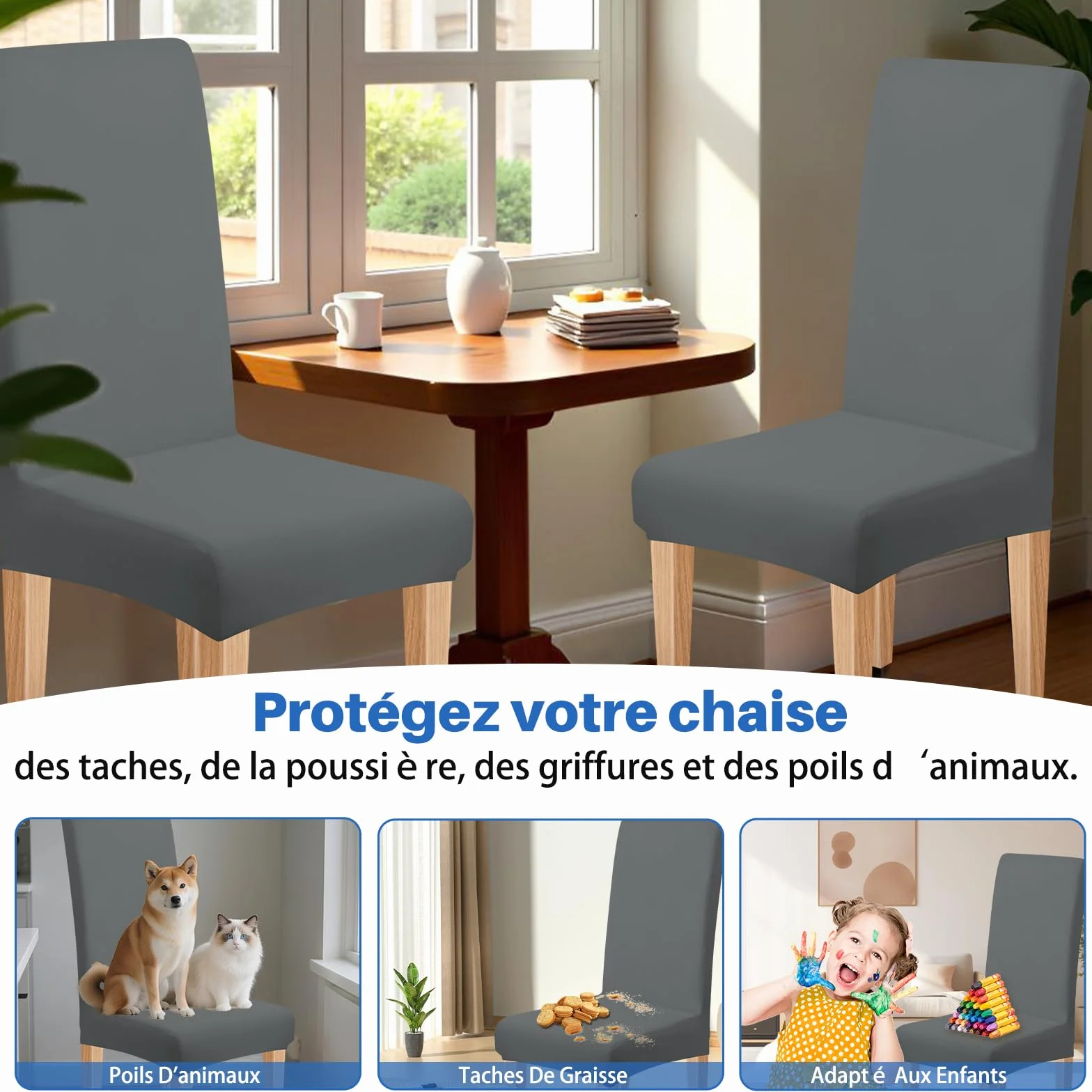 Housse de Chaise Extensible 4 Pièces Amovible Lavable Gris pour Salle à Manger Hôtel