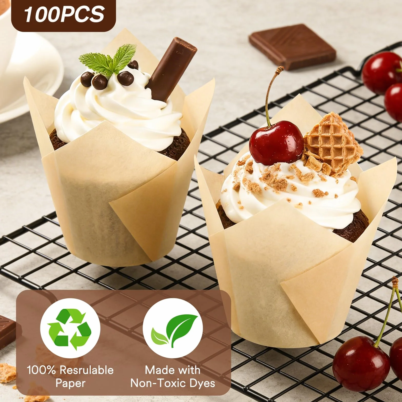 Alyvisun Lot de 100 Caissettes Muffins Papier Anti-Graisse, Moule Cupcake Non Adhérent pour Pâtisserie