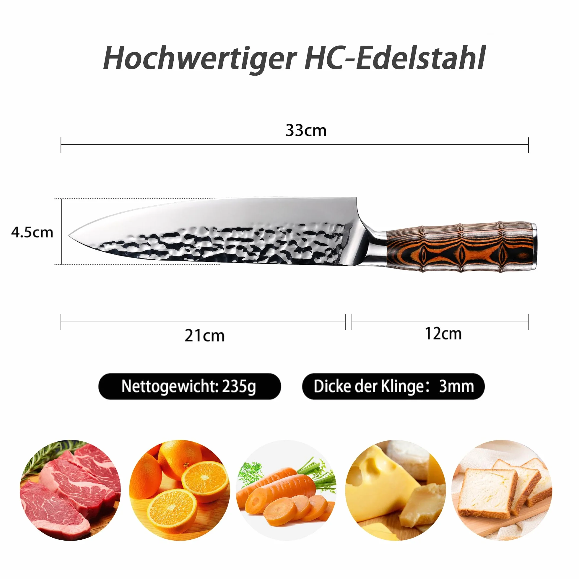 Couteau de Chef 20 cm, Couteau de Cuisine Professionnel, Lame Acier Inoxydable Haute Carbone, Poignée Bambou Ergonomique