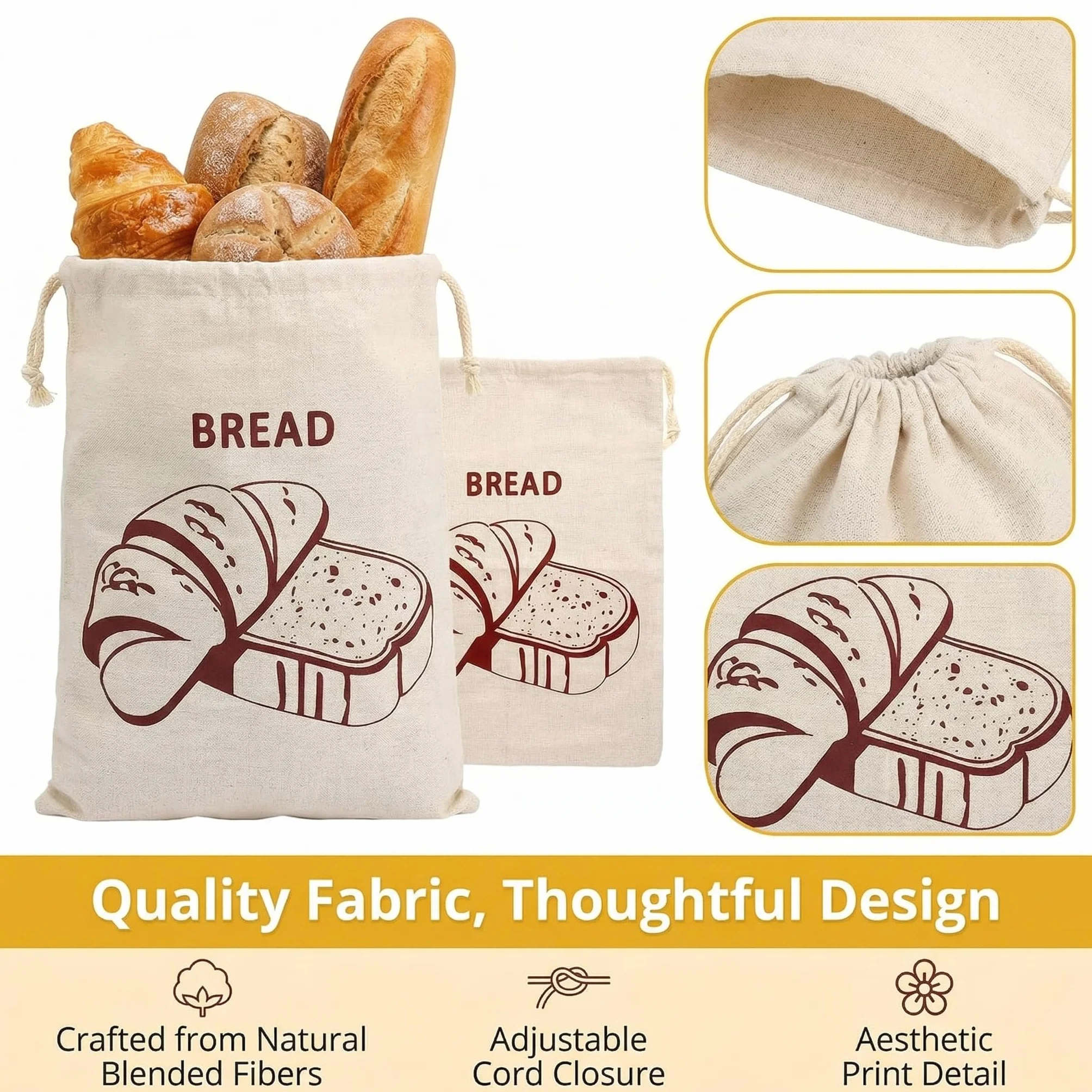 Sac à Pain Réutilisable en Tissu Lot de 2 30 x 40 cm avec Cordon de Serrage pour Baguette Fruits Stockage