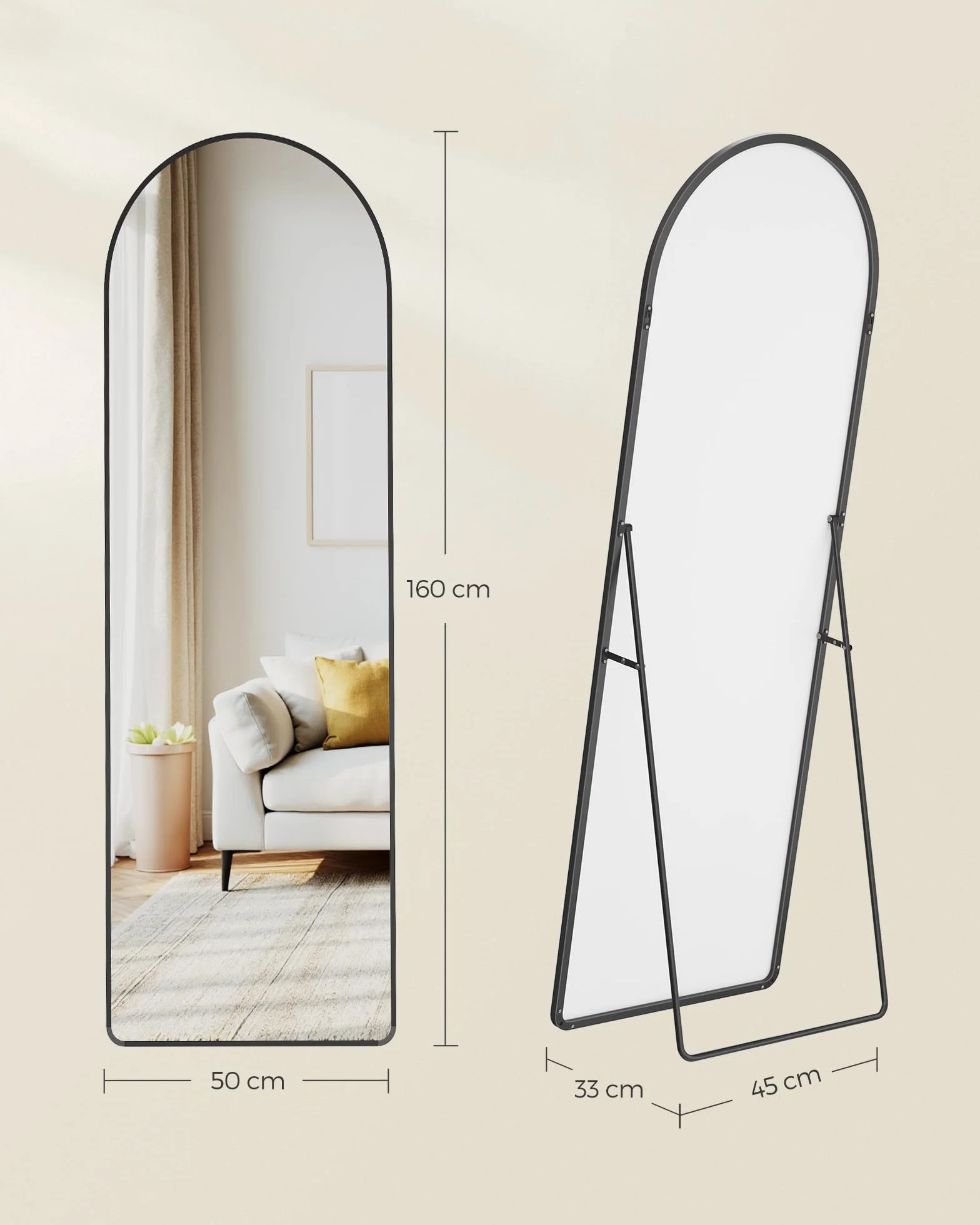 SONGMICS Miroir Intégral Arqué sur Pied 160 x 50 cm Cadre en Alliage d’Aluminium Verre Trempé Noir