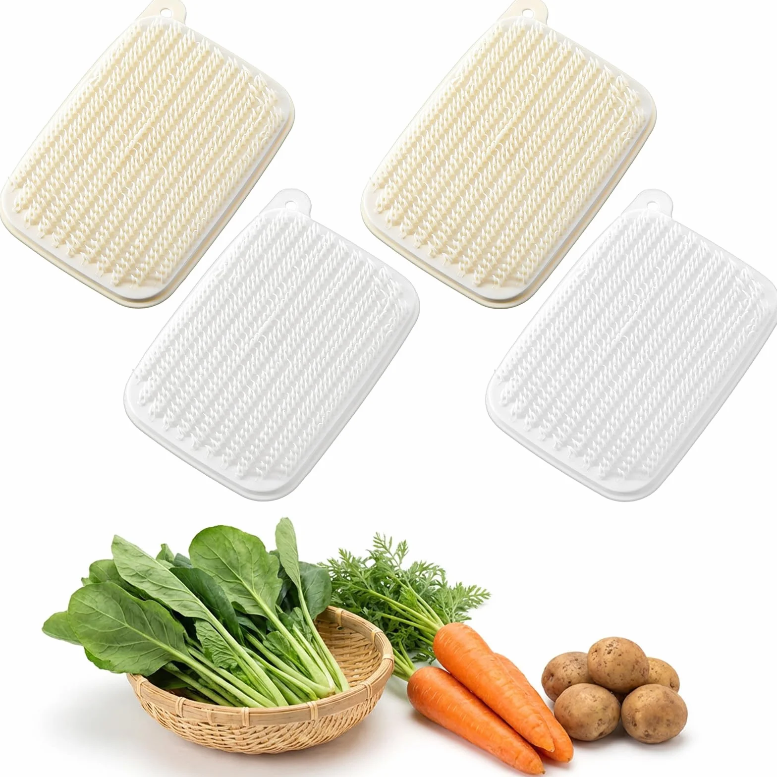 Brosses à légumes Lot de 4 - Poils doux pour pommes de terre, carottes et racines de lotus - Réutilisables