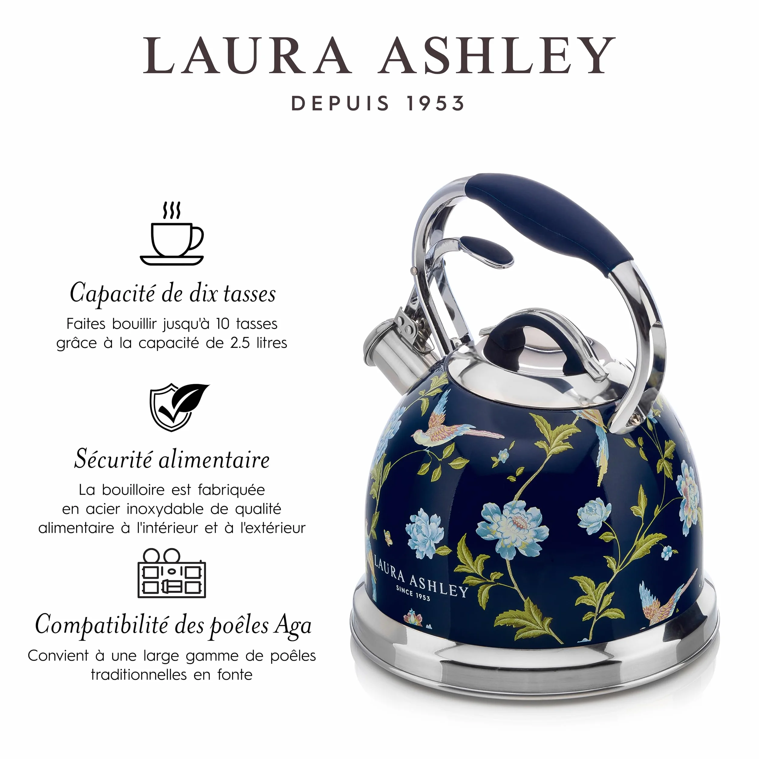 Laura Ashley VQ Bouilloire Sifflante Inox 2,5 L Grille-Pain 4 Tranches Décongélation Réchauffage Elveden Bleu