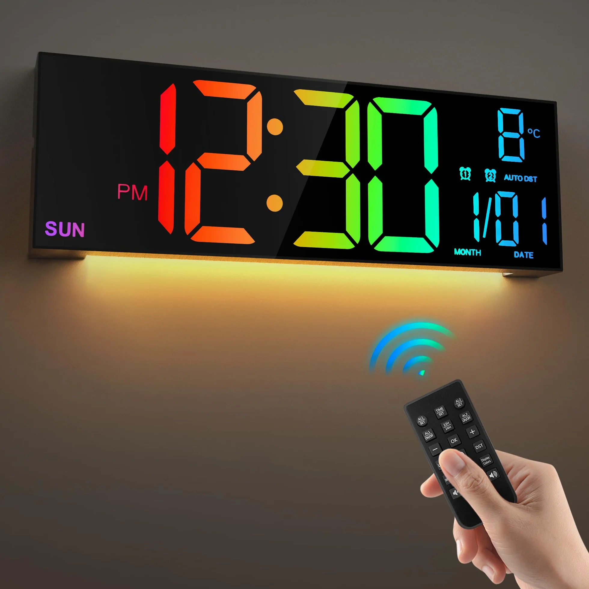 HAITANG Grande Horloge Murale Numérique 16" RVB LED Double Alarme Télécommande Température