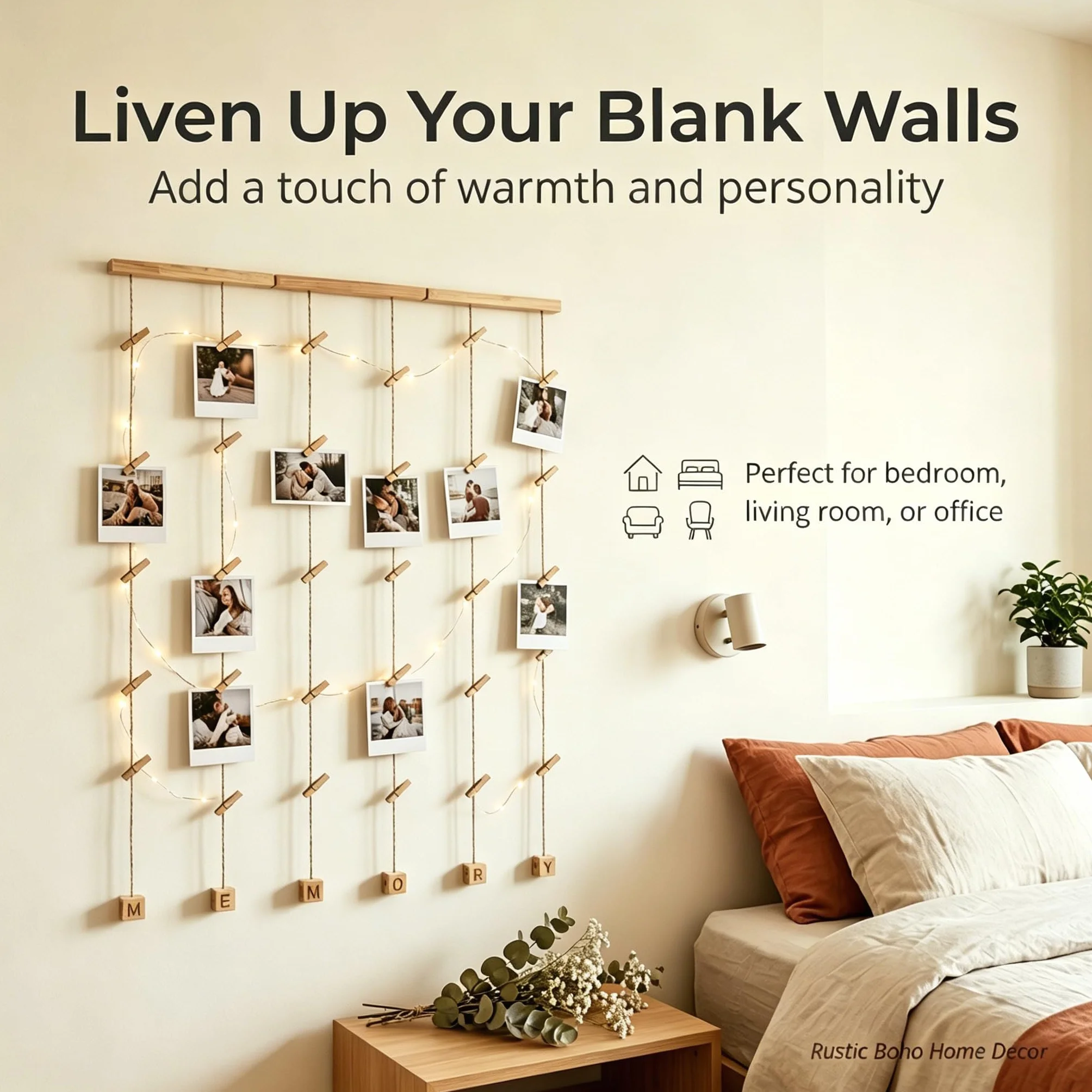 Cadre Photo Mural Avec Corde Porte-Photos 30 Pinces Couleur Bois Naturel Décoration Maison Cadeau