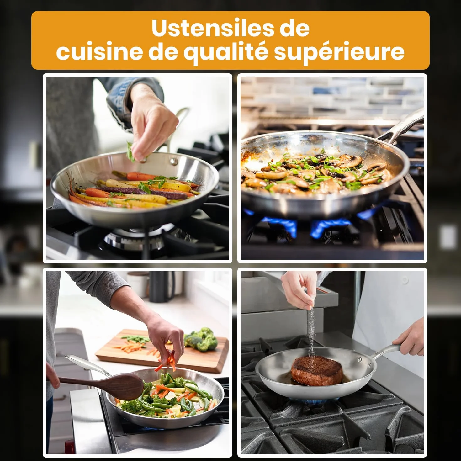 Poele Inox 28cm 18/10 Induction 3 Couches Acier Inoxydable Compatible Tous Feux Gaz Electrique Vitroceramique