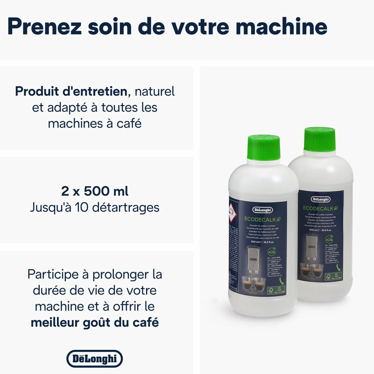 De'Longhi EcoDecalk DLSC502 Détartrant pour Cafetières Expresso Broyeur 2 x 500 ml