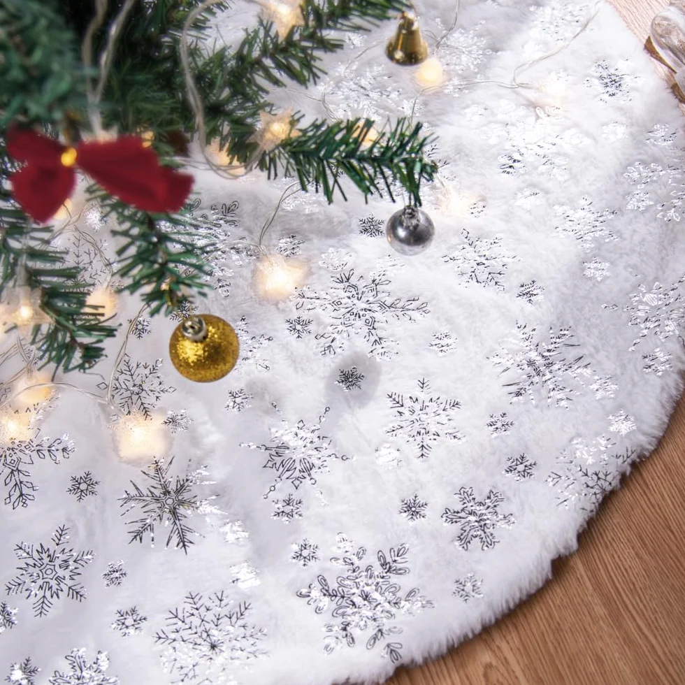 Jupe de Sapin de Noël 120cm, Tapis de Sapin de Noel, Grande Flocon de Neige Argent Cache Pied, Couvre-Pied d'arbre