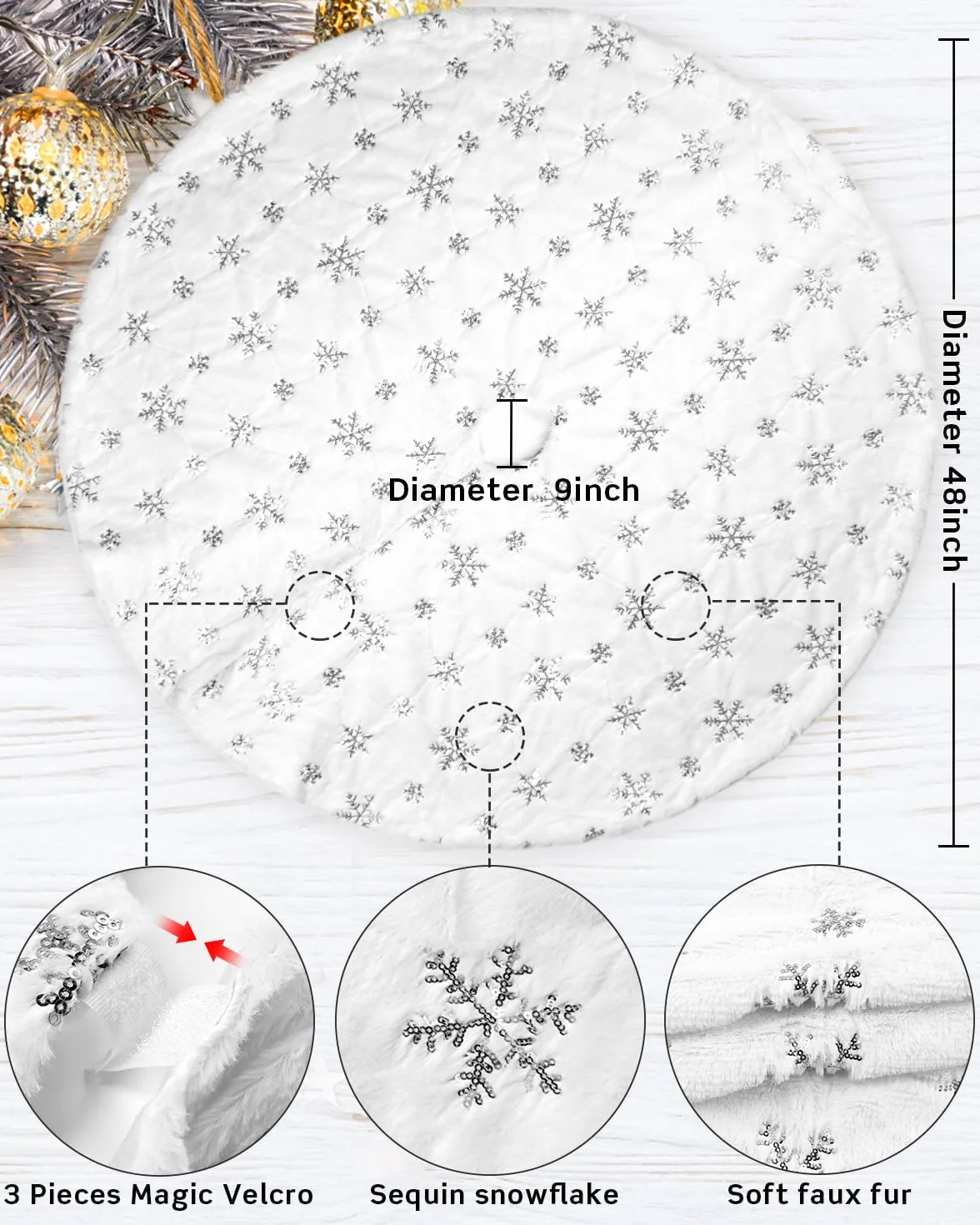 Jupe de Sapin de Noël COOLWUFAN 120cm Blanc en Peluche Argent Sequin Flocon de Neige