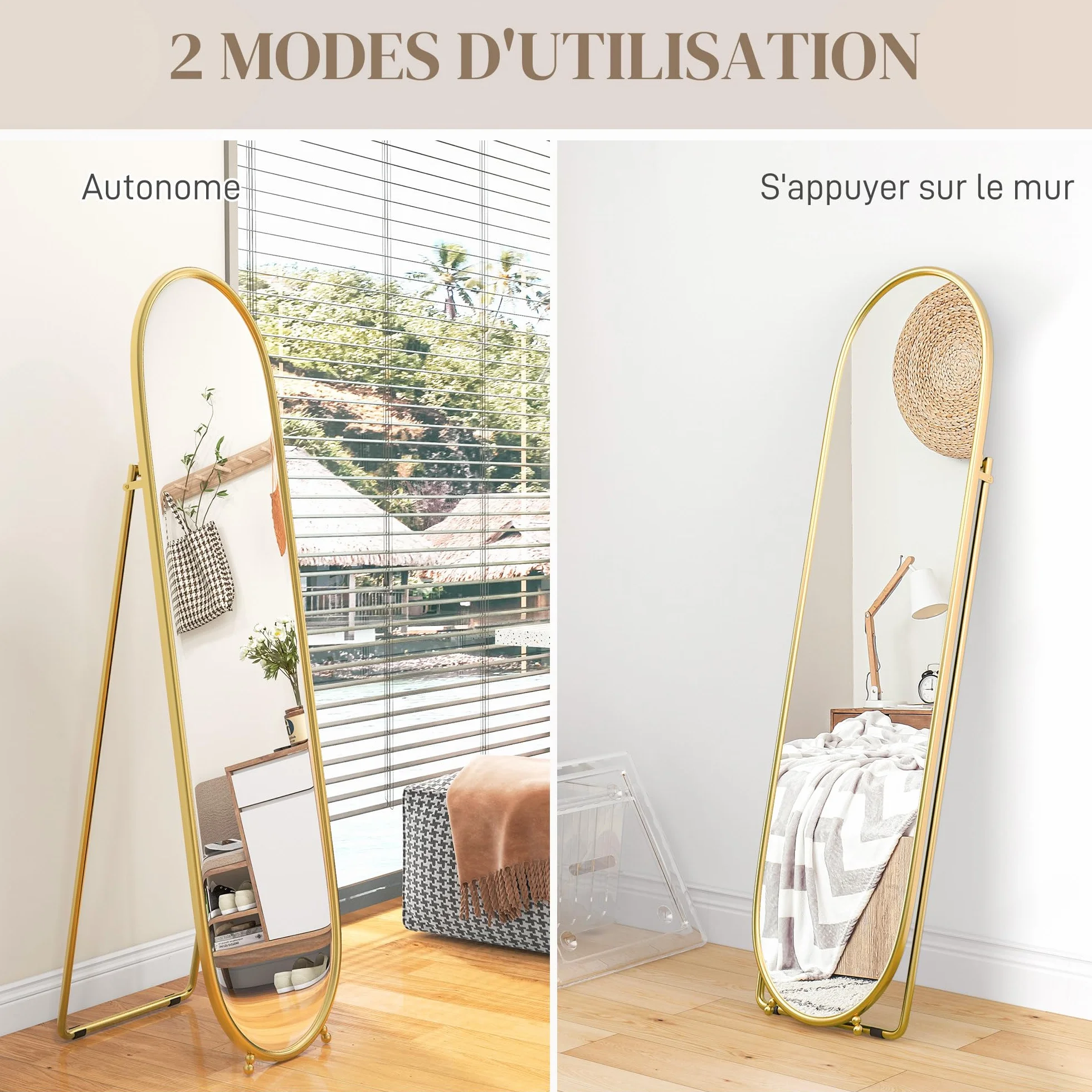 HOMCOM Grand Miroir sur Pied Ovale Cadre en métal doré 40 x 160 cm