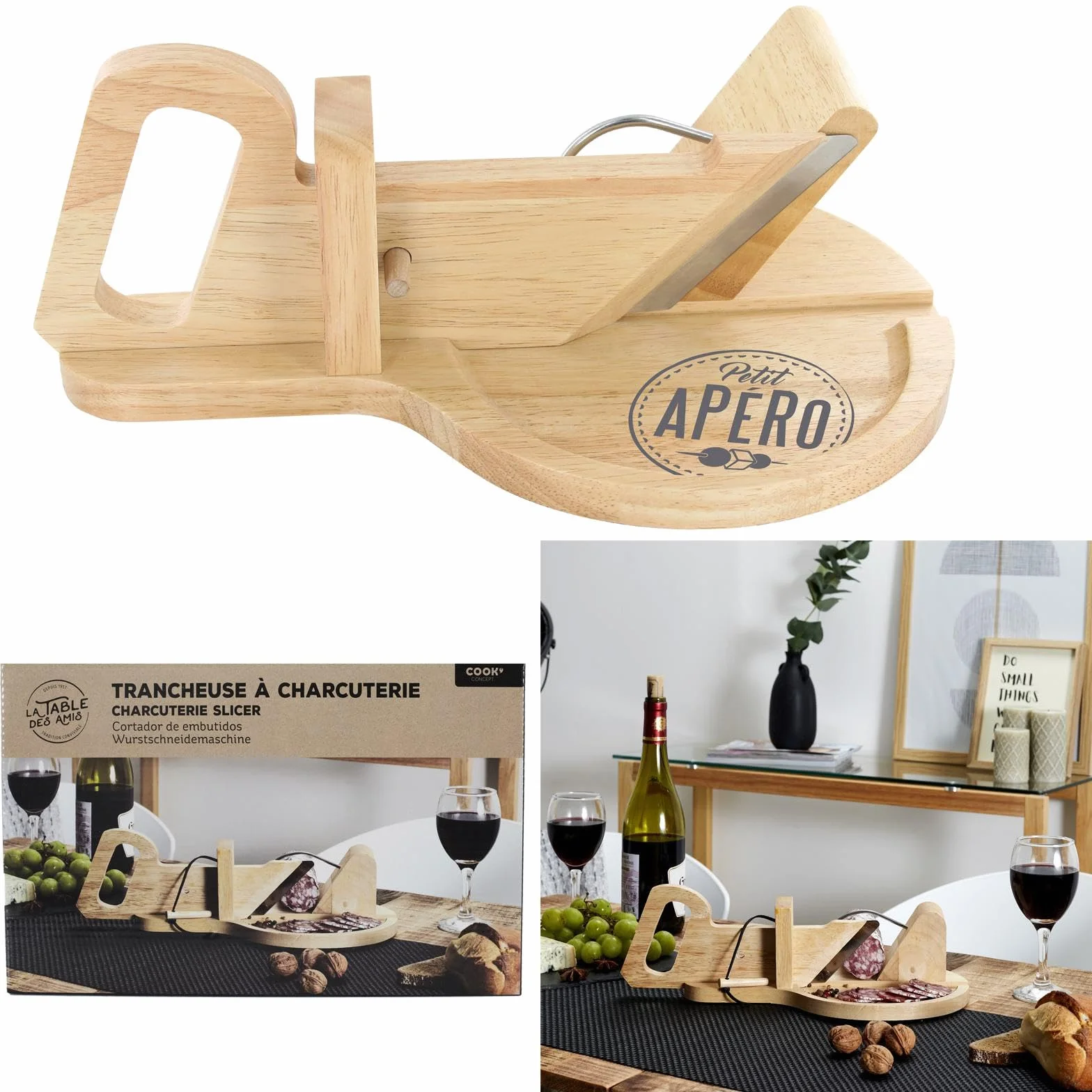 Trancheuse Guillotine Coupe Charcuterie Saucisson Manuelle Ronde Bois Inox Marron