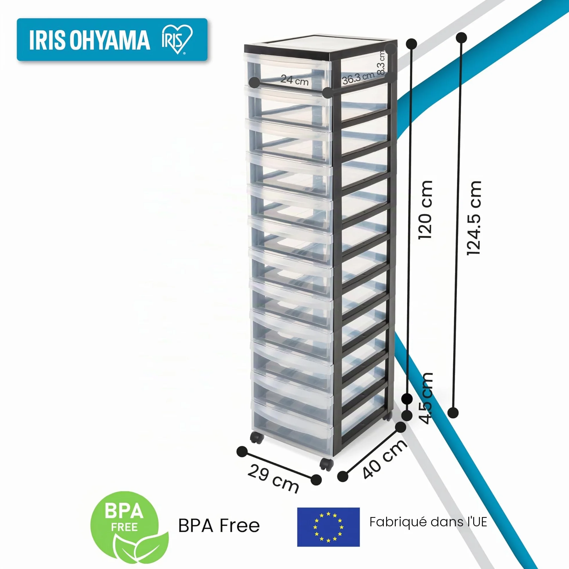 Iris Ohyama DC-012 Meuble de Rangement à Roulettes 12 Tiroirs Plastique Noir