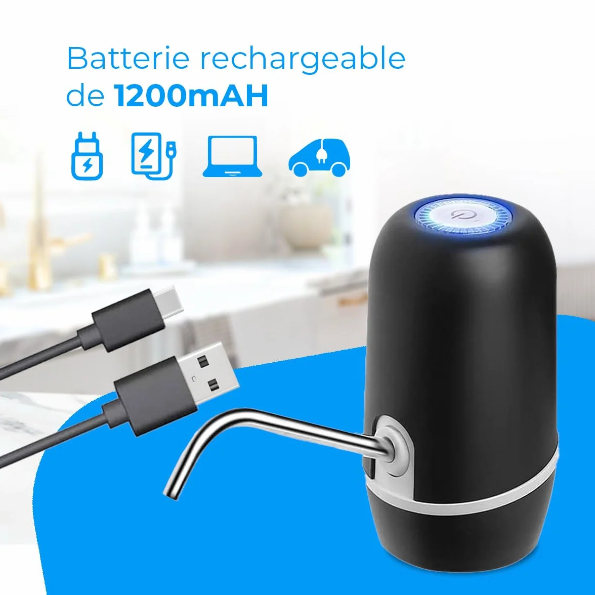 Distributeur d'eau en Bouteille Automatique USB, Acier, sans BPA, Eau Froide, 1200mAh, 1.5-18.9L, Noir