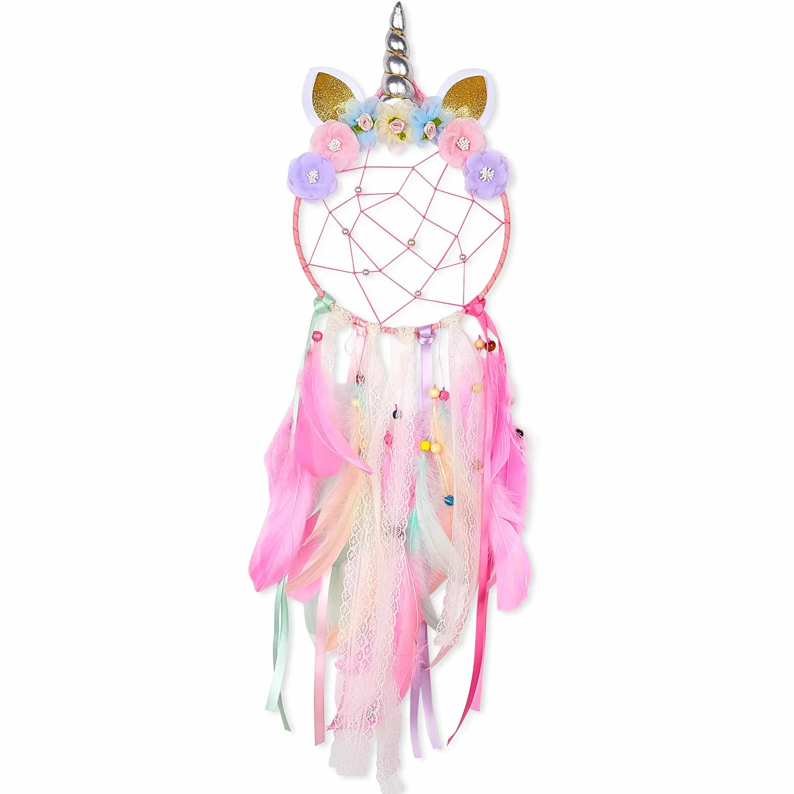 Grand attrape-rêves licorne pour filles - Décoration murale fleurs colorées fait main