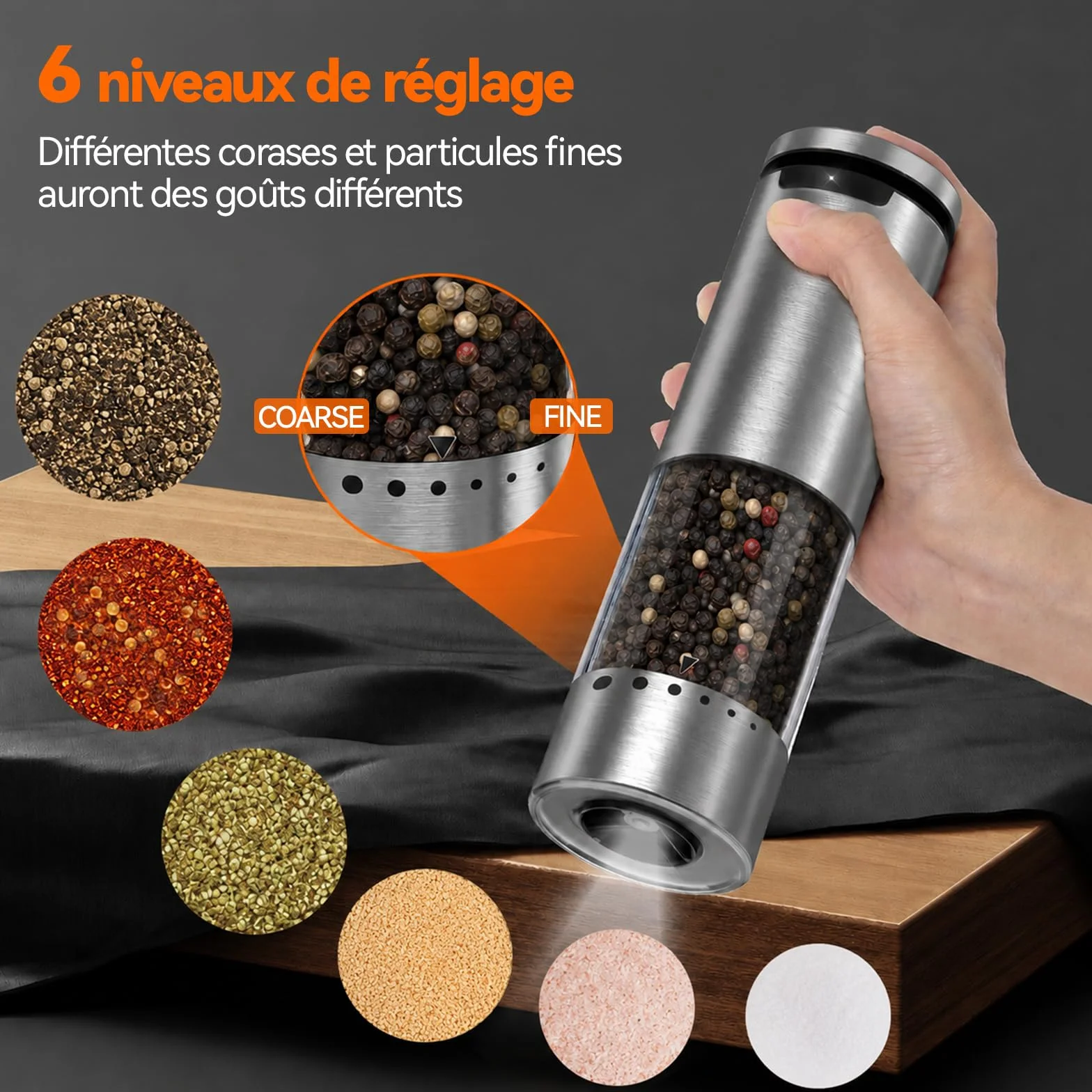 VOXON Lot de 2 moulins à sel et à poivre rechargeable USB, 5 niveaux de mouture réglable, électrique avec lumière LED
