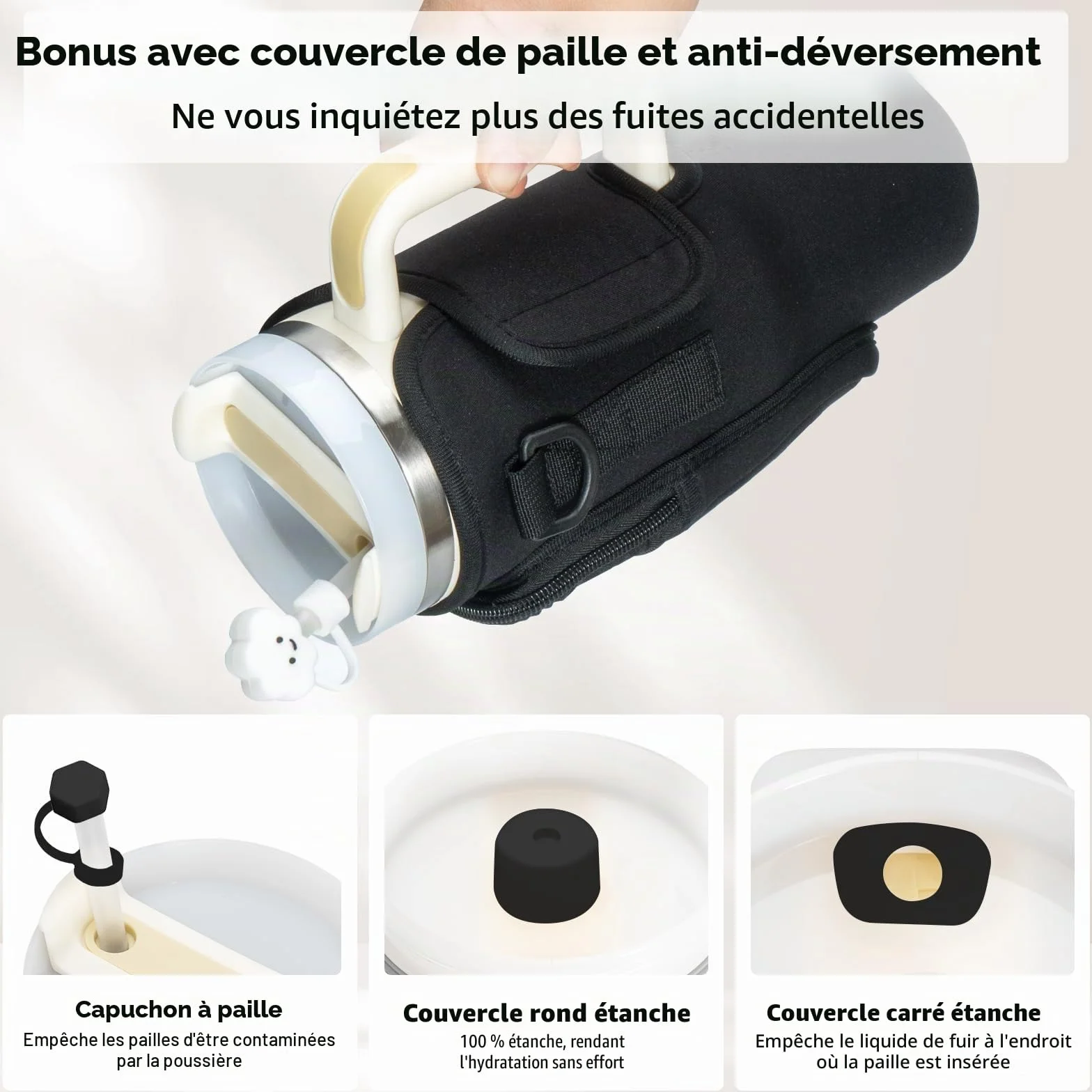 Stanley Cup Sac porte-bouteille d'eau avec sangle, accessoires paille anti-fuite et mousqueton - Noir