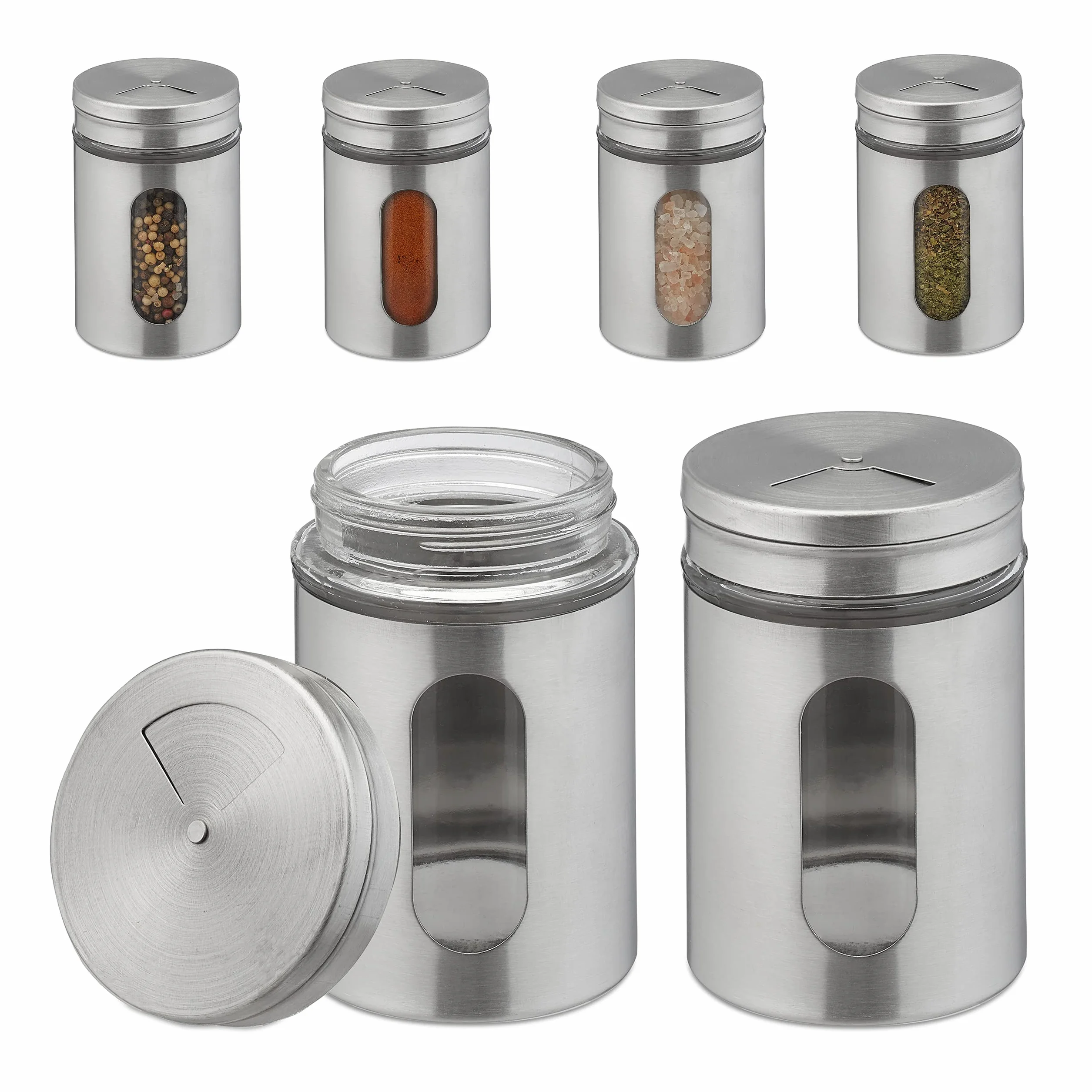 Relaxdays Saupoudreuse à épices Lot de 6 XL 290 ML Verre Acier Inoxydable Argenté