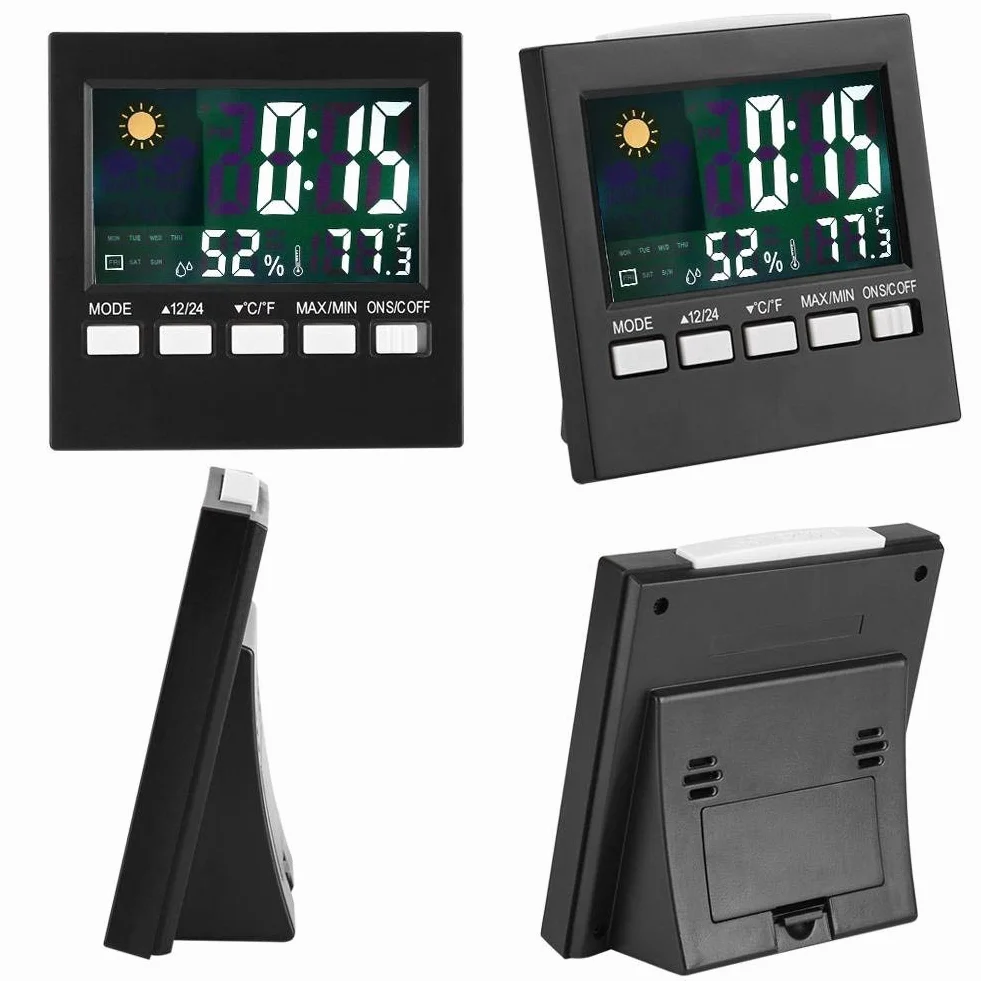 Réveil numérique avec thermomètre et calendrier, affichage température humidité rétroéclairé portable pour chambre salon