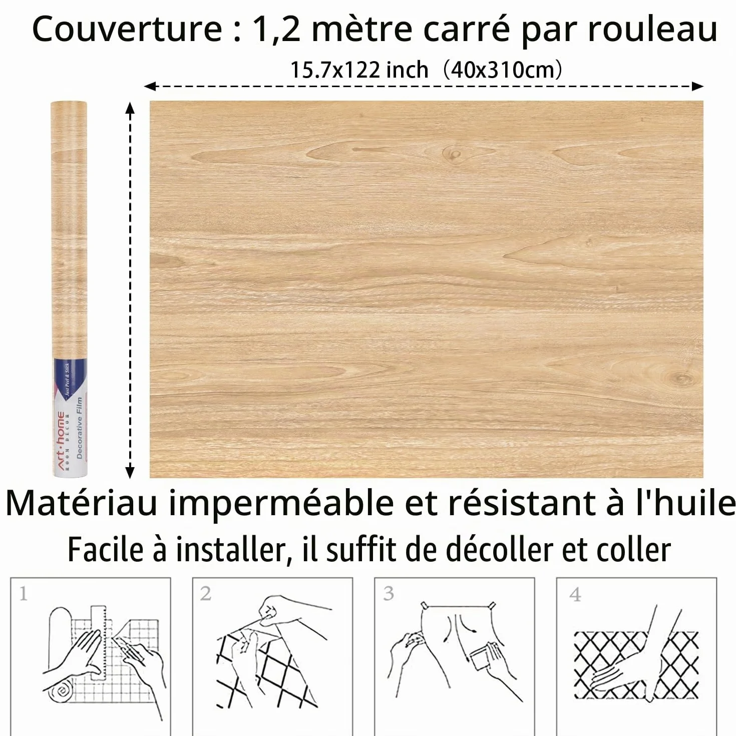 Arthome Papier Peint Adhésif Clair Marron Chêne Bois 40cmx3m Naturel Grain rayé Rustique Amovible Imperméable Vinyle