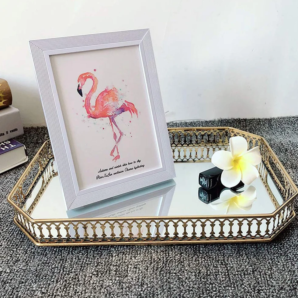 Plateau Décoratif Orné Miroir en Métal Bougeoir Serpent Rangement Table Fruits Bijoux Cosmétiques