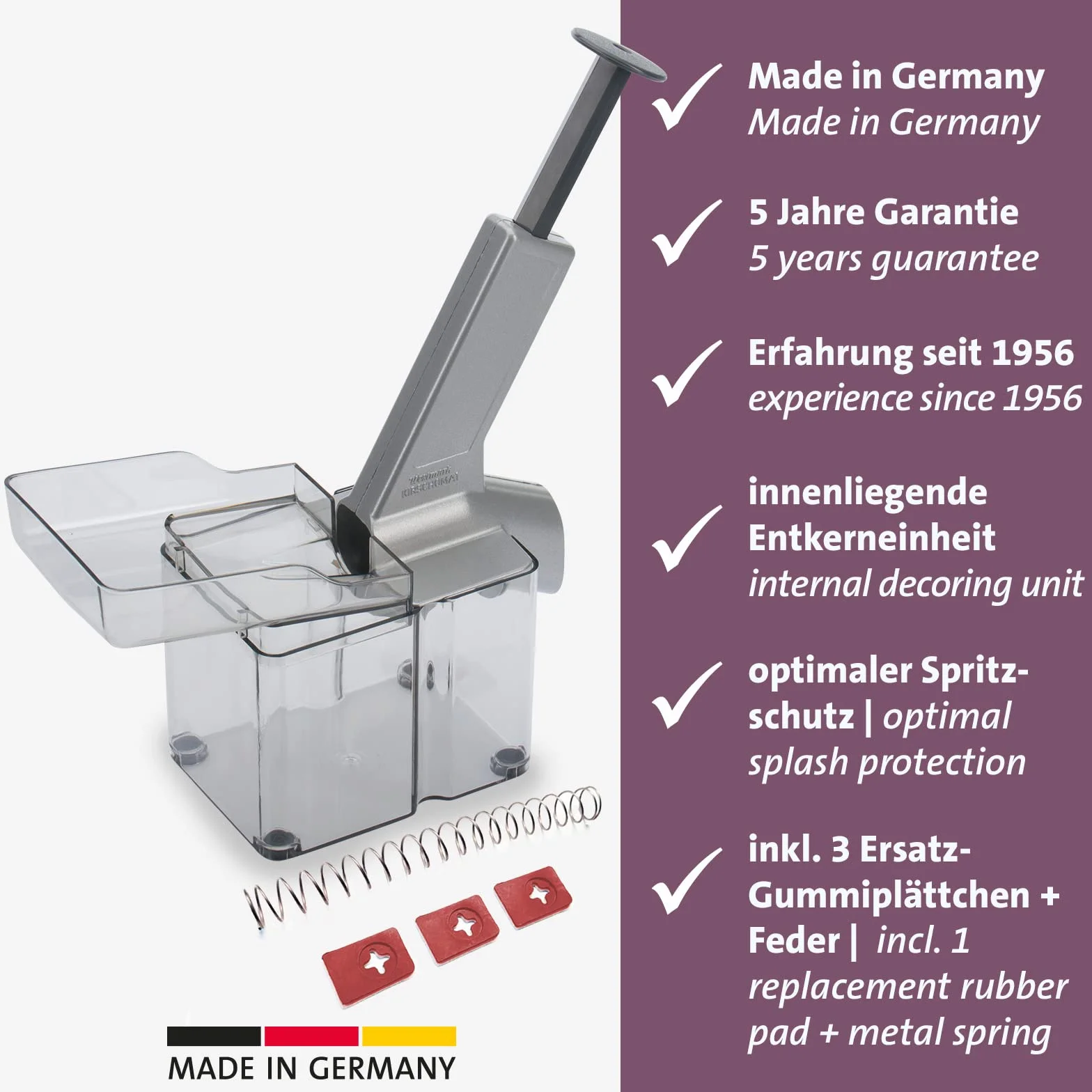 Westmark Kirschomat Dénoyauteur à Cerises avec Goulotte et Caissette à Noyaux, Plastique/Inox/Aluminium, Argenté/Noir/Transparent
