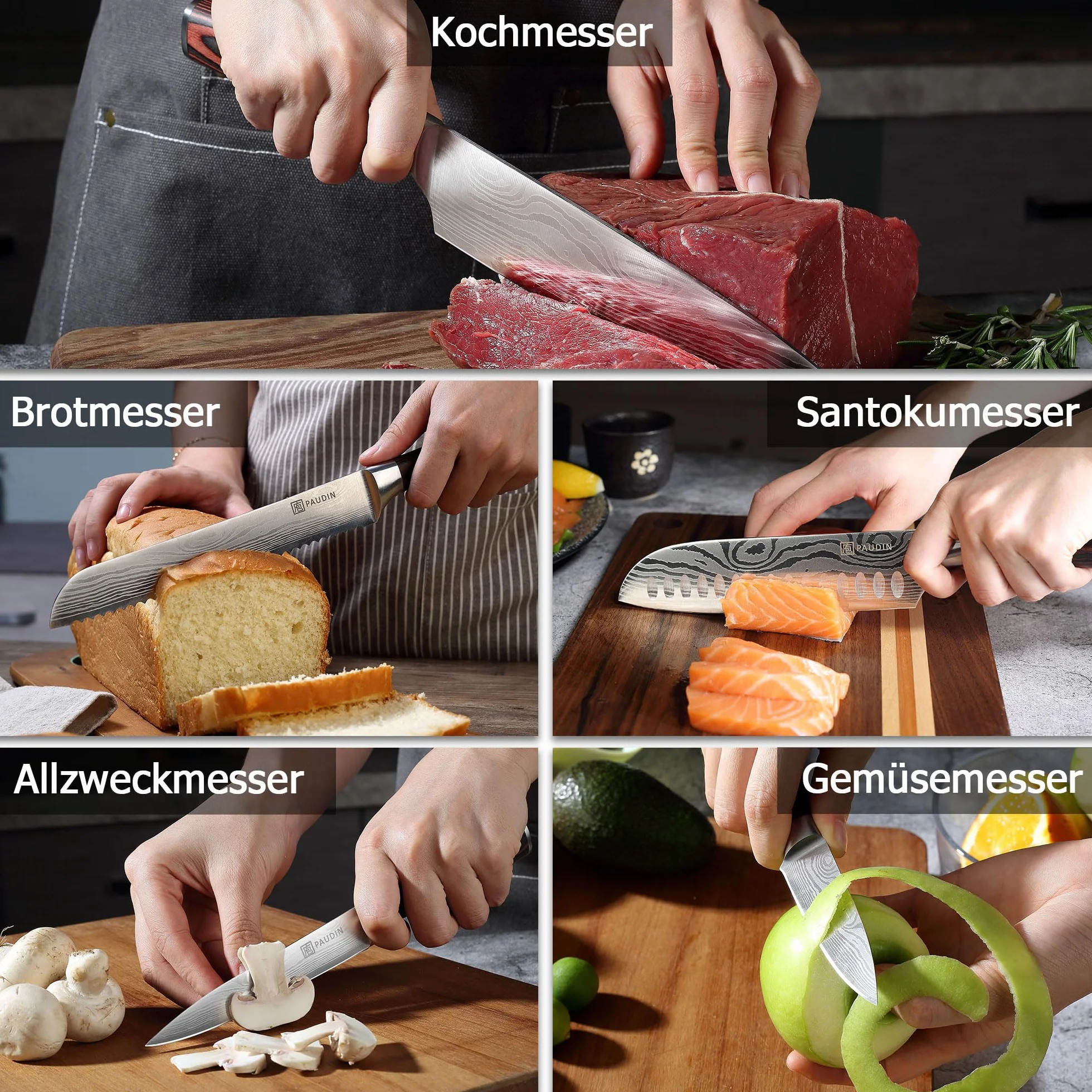 PAUDIN Set Couteau Cuisine Professionnel 5 Pièces Acier Inoxydable Couteau Chef Santoku Bois