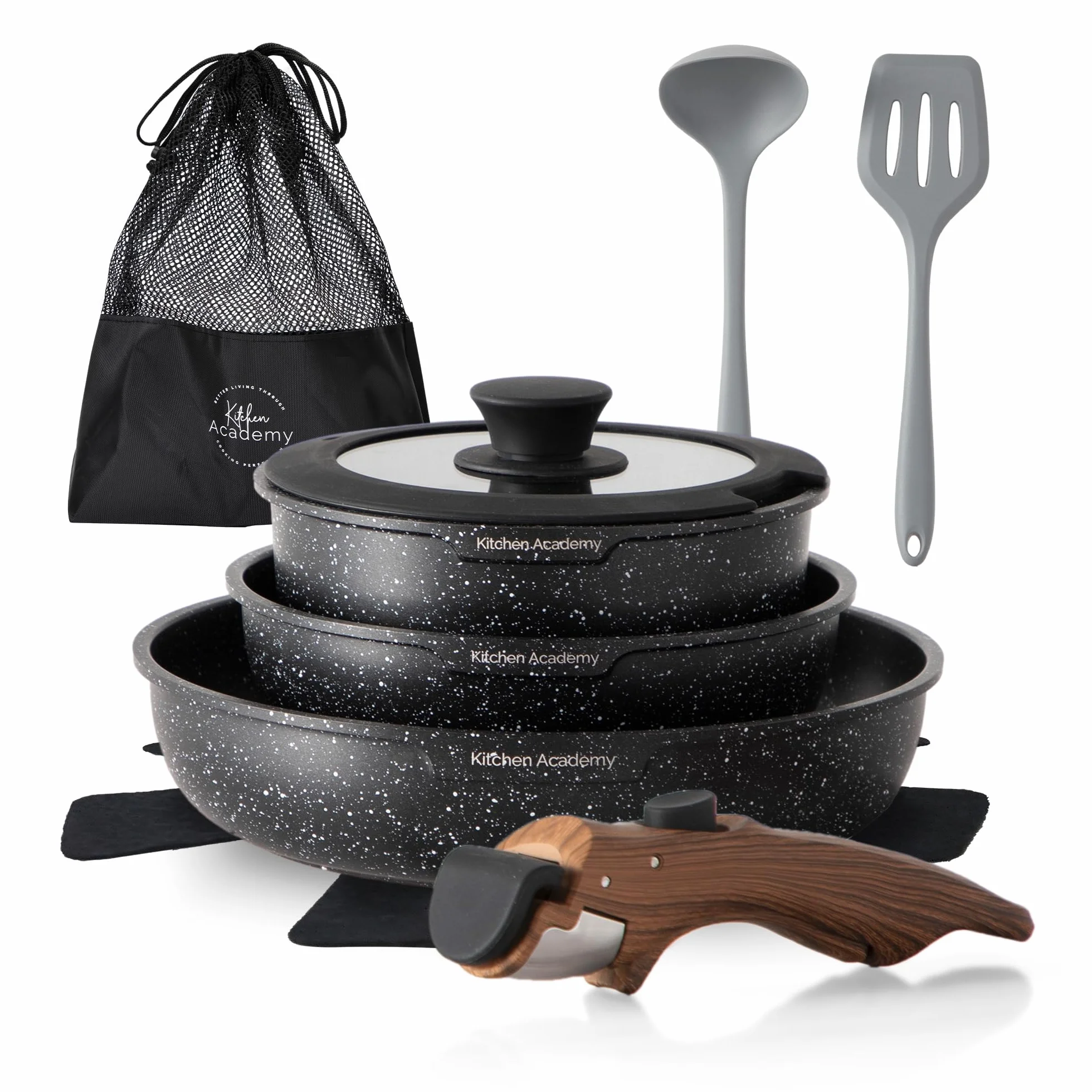 Kitchen Academy Lot de 10 Casseroles et Poêles avec Poignée Amovible, Couvercles en Verre, Revêtement Anti-adhésif Compatible Induction Noir