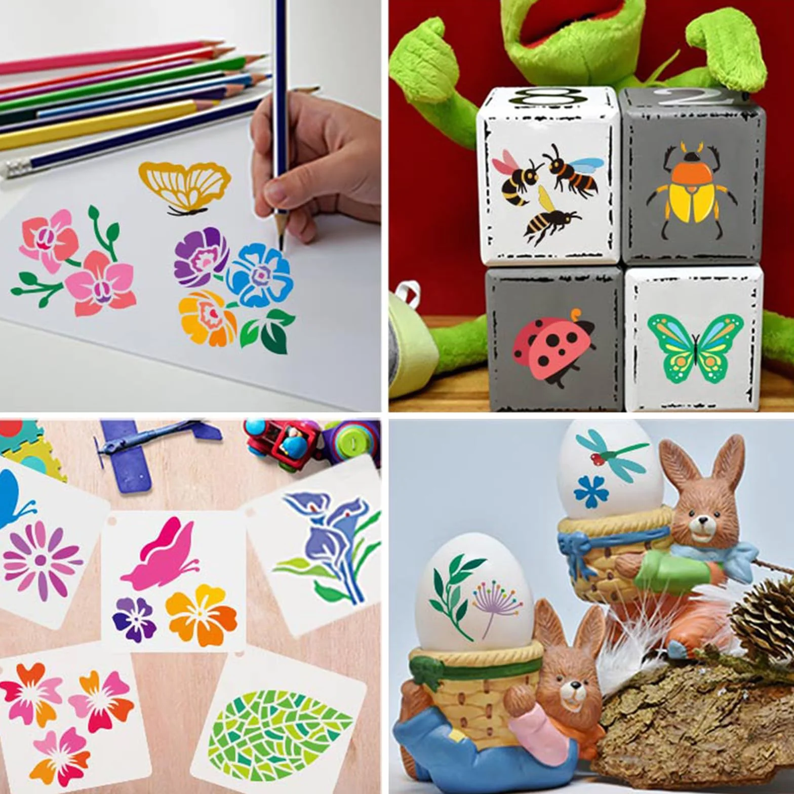 Lot de 64 pochoirs réutilisables 7,6 x 7,6 cm pour peinture plastique bricolage motifs fleurs feuilles
