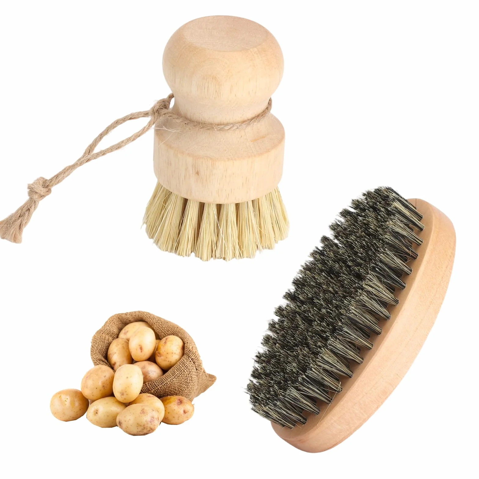 Lot de 2 Brosses de Cuisine en Bois Naturel, Brosse à Légumes et Brosse à Casseroles Antimoisissure