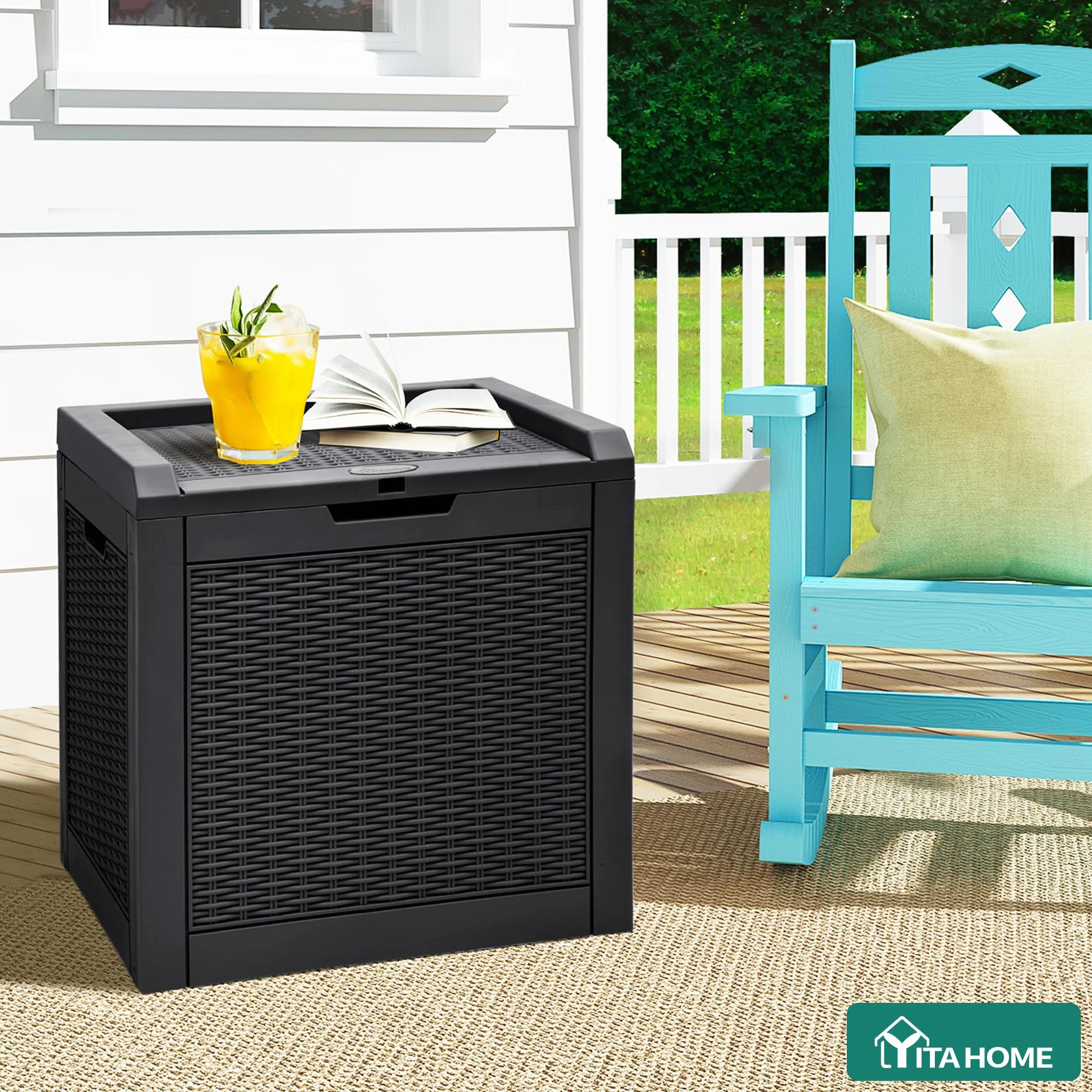 YITAHOME Boîte de rangement extérieur rotin 118 L imperméable avec couvercle poignées verrouillables jardin coussins