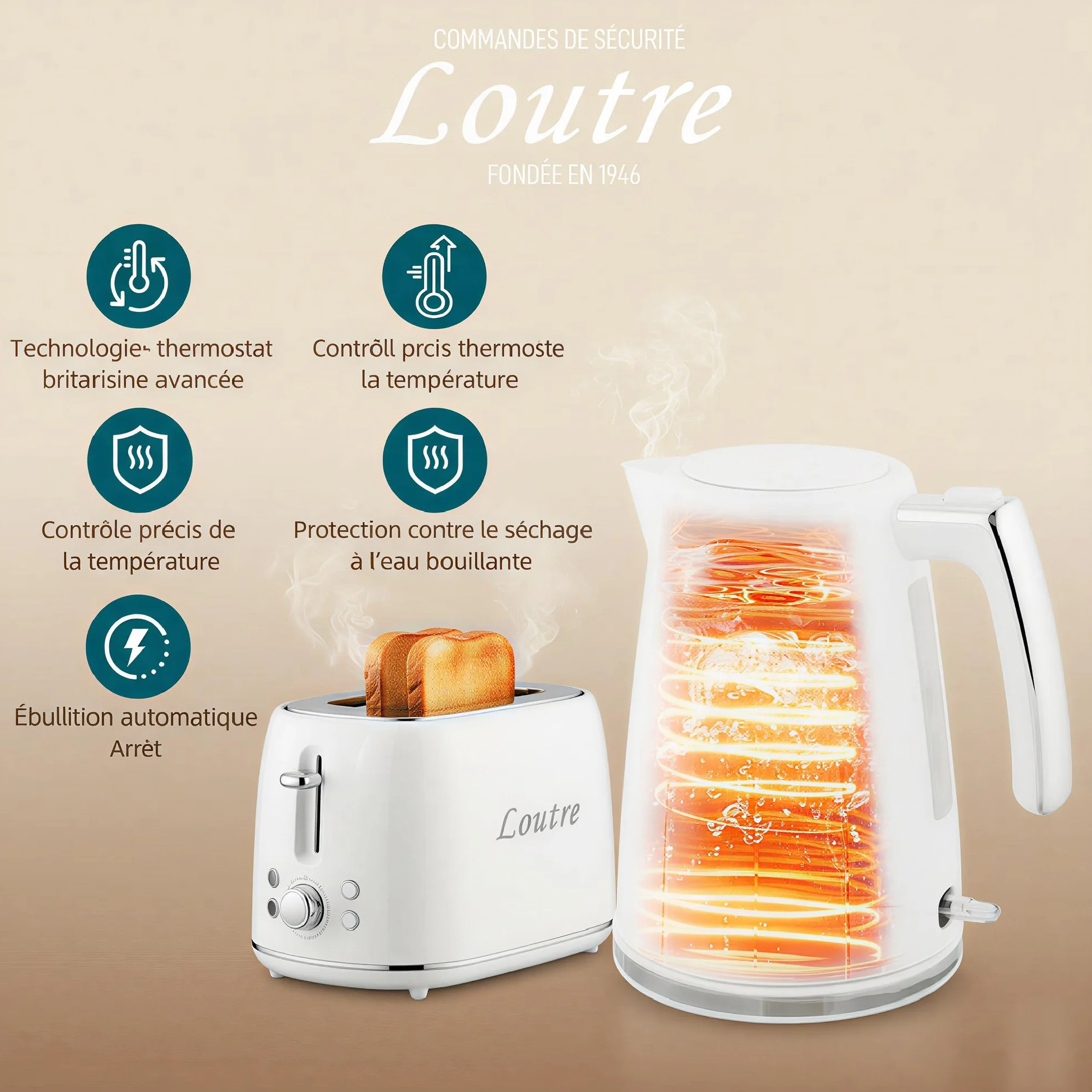 HOMCOM Bouilloire et Grille-Pain Acier 2200W 1,7L Thermostat Otter Filtre Anti-Calcaire 2 Fentes 7 Réglages Brunissage Blanc