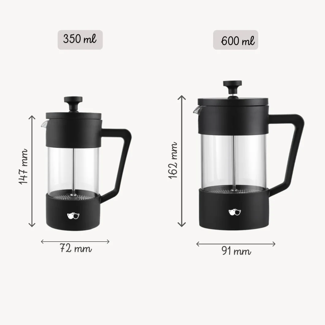 Cafetière à piston W&M en verre borosilicate et acier inoxydable, triple filtre - Noir