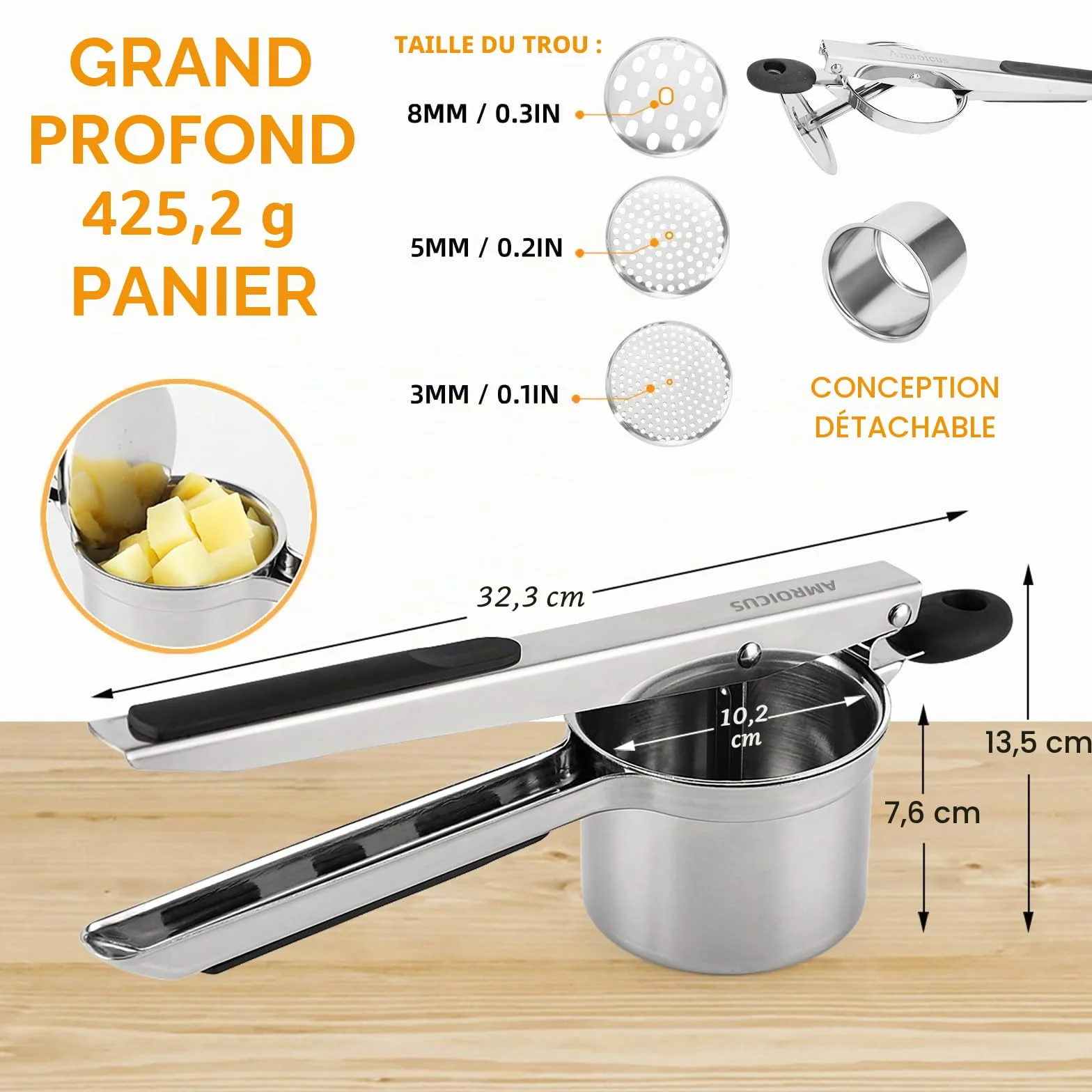 Presse-purée inox 18/10 450 ml, Presse pommes de terre robuste 3 disques interchangeables, Ustensile cuisine purée lisse spaetzle gnocchis légumes